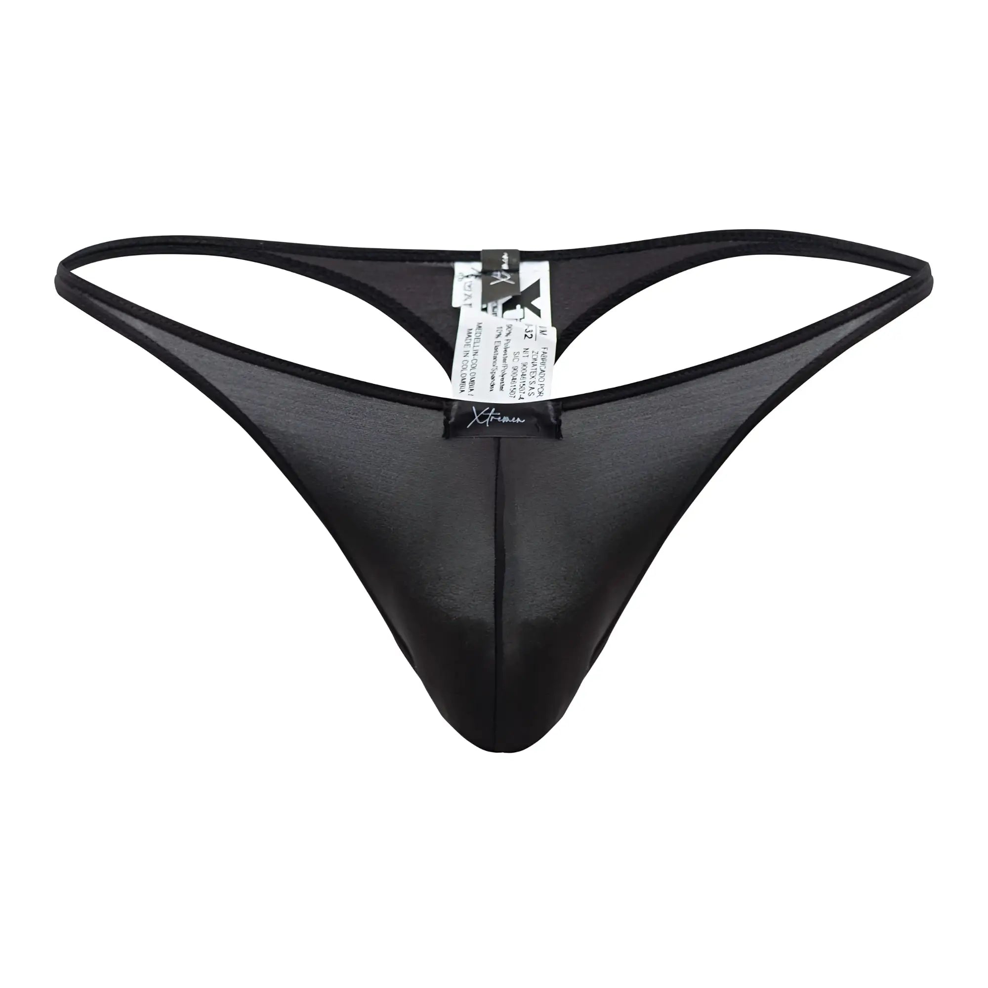 Black sheer mesh thong with solid black waistband and leg openings from Xtremen 91182 microfiber thongs collection