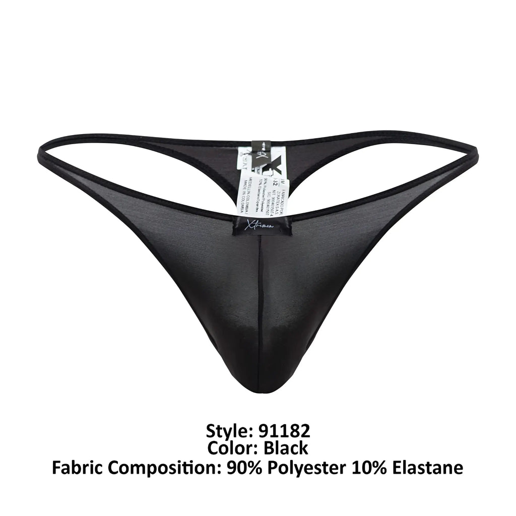 Black xtremen 91182 microfiber thong with sheer smooth glossy finish and thin elastic waistband back view