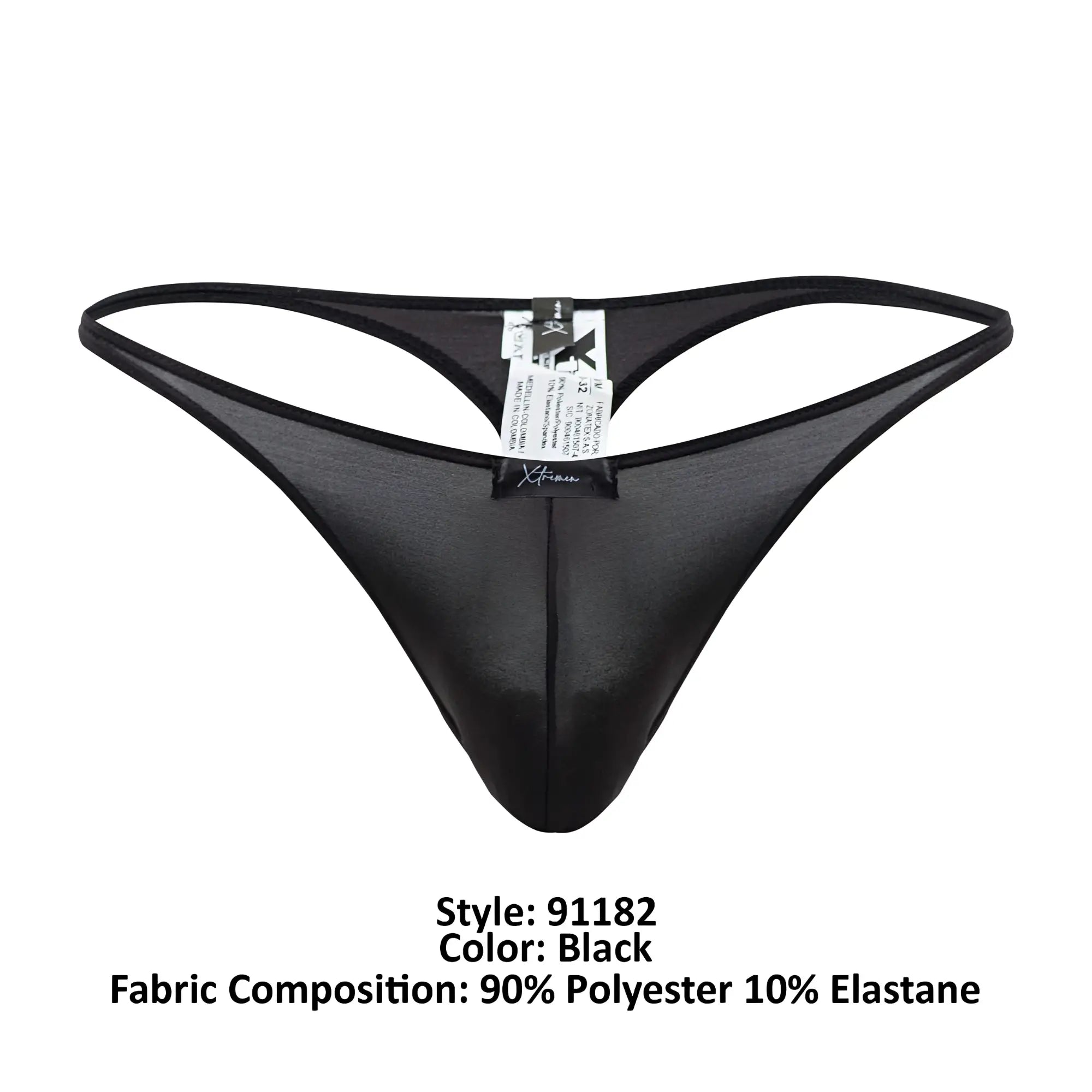 Black xtremen 91182 microfiber thong with sheer smooth glossy finish and thin elastic waistband back view