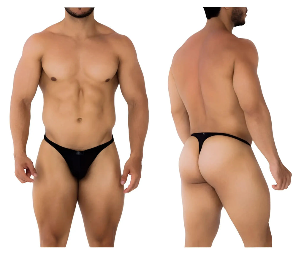 Black xtremen 91182 microfiber thong with minimalistic design and subtle sheen shown from the back side
