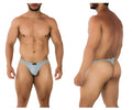 Light blue microfiber athletic briefs with a black brand tag at the waistband for comfortable activewear use
