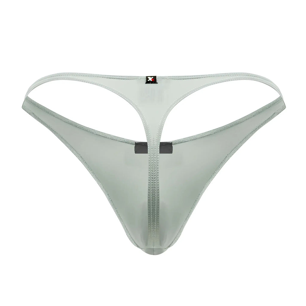 Light gray translucent microfiber thong with central zipper and black waistband tabs from xtremen 91182 collection