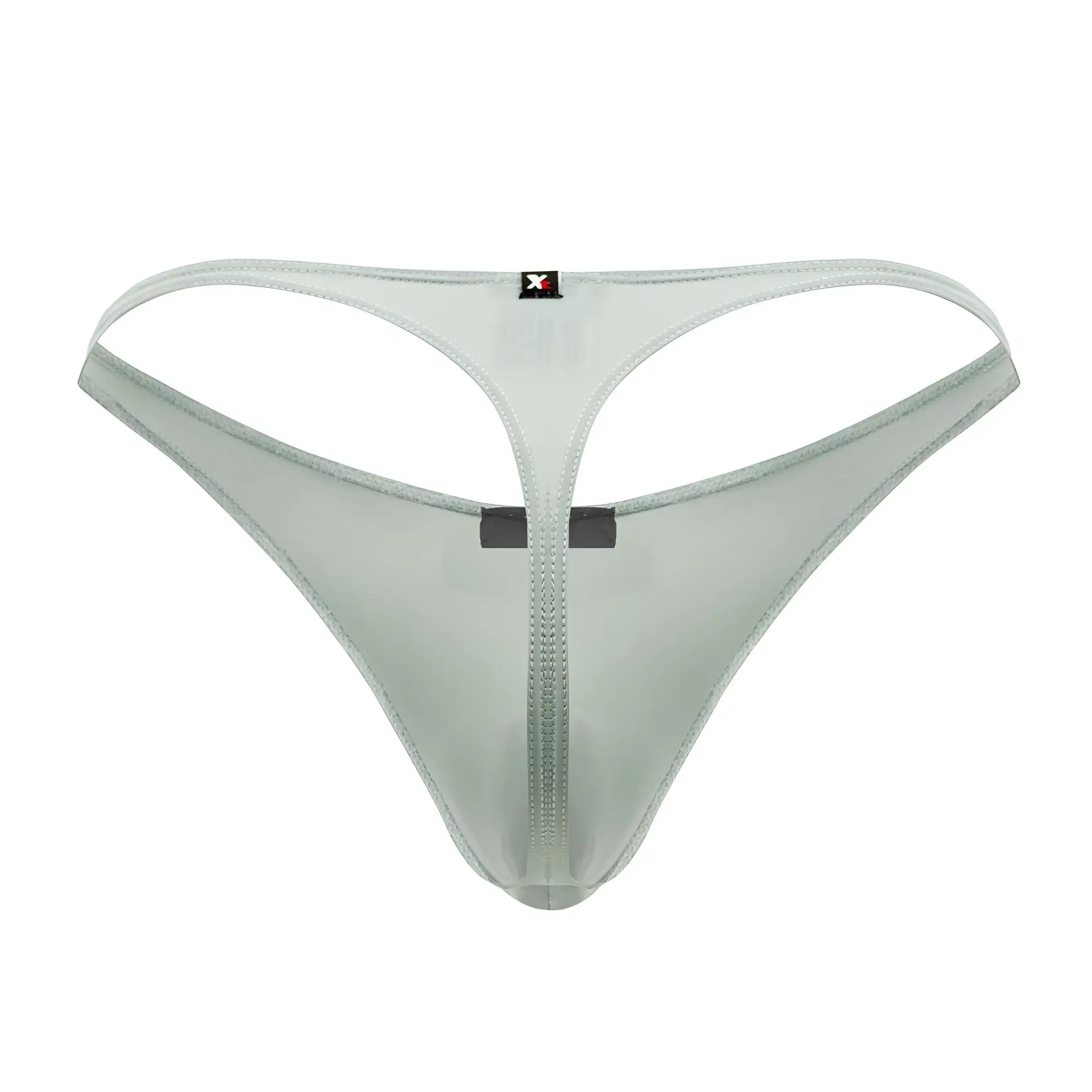 Light gray translucent microfiber thong with central zipper and black waistband tabs from xtremen 91182 collection