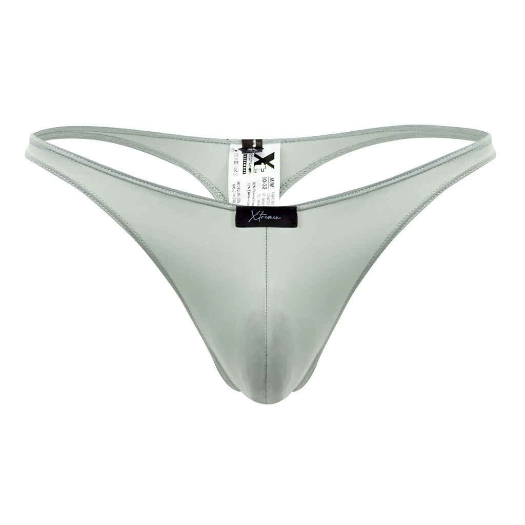 A sleek light gray microfiber thong with minimalist design and subtle stitching from Xtremen 91182 collection