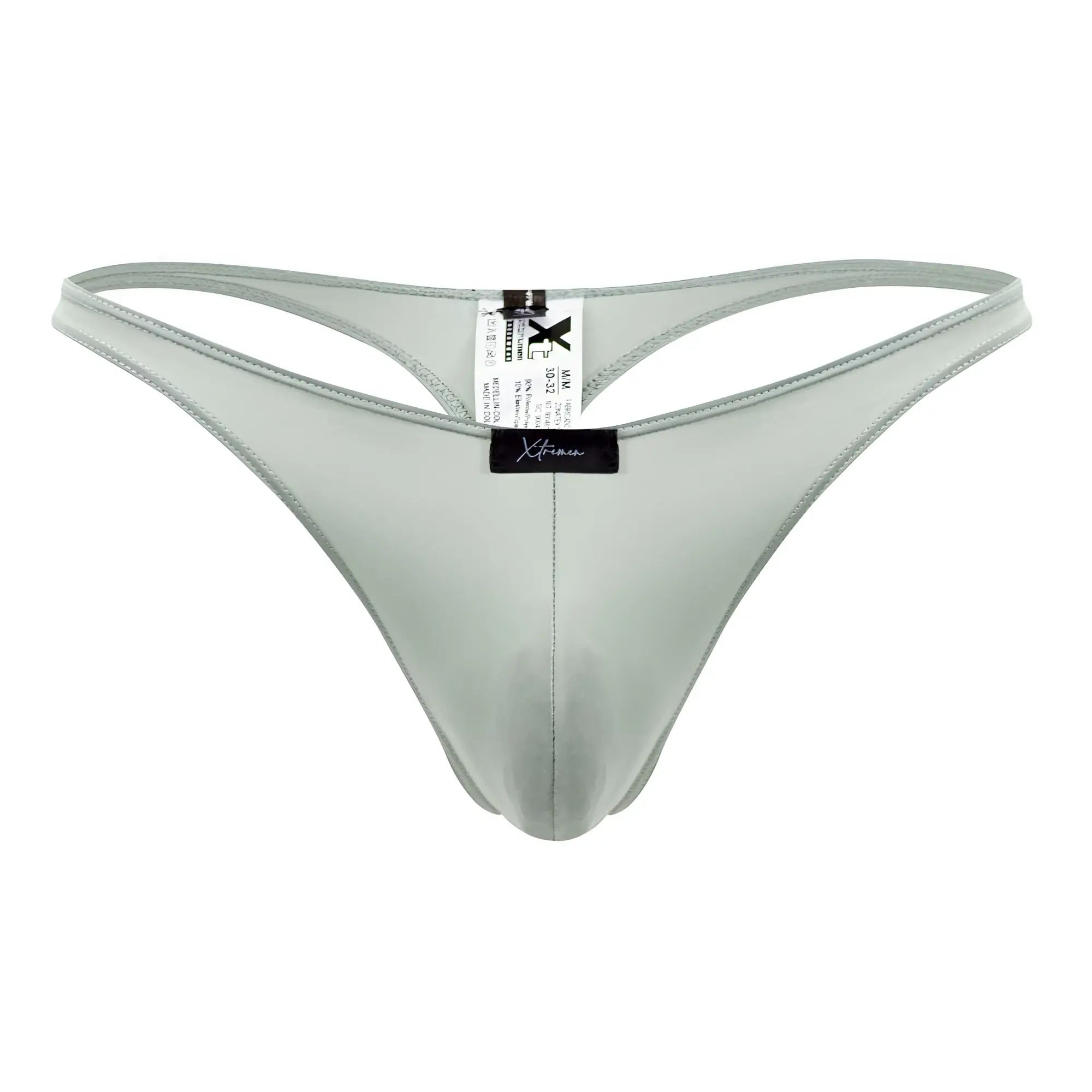 A sleek light gray microfiber thong with minimalist design and subtle stitching from Xtremen 91182 collection