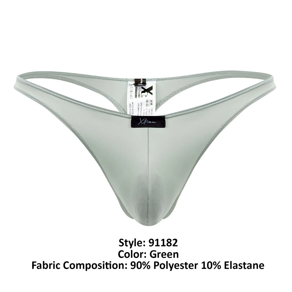 Green xtremen 91182 microfiber thong with smooth shiny polyester and elastane blend showing the back side