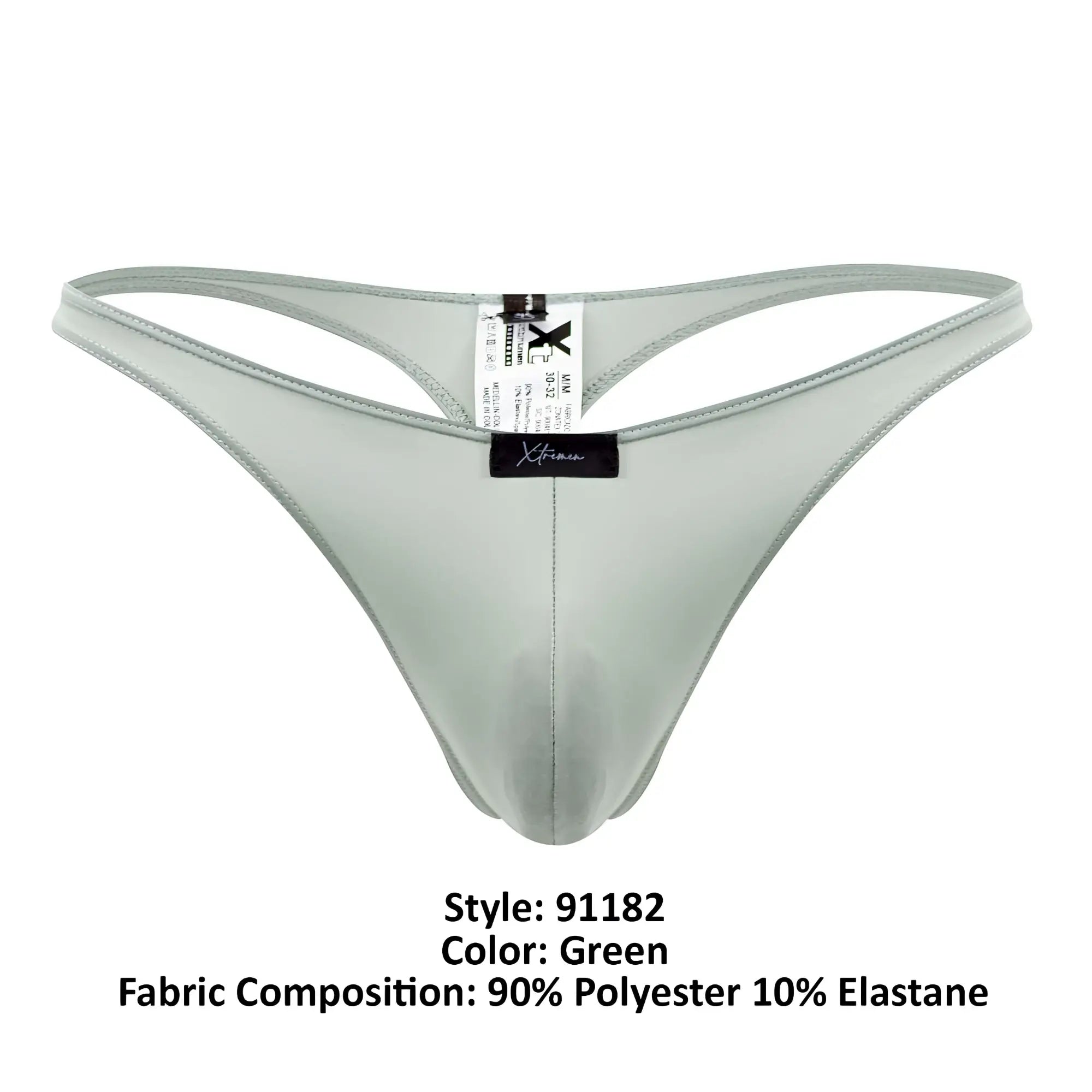 Green xtremen 91182 microfiber thong with smooth shiny polyester and elastane blend showing the back side
