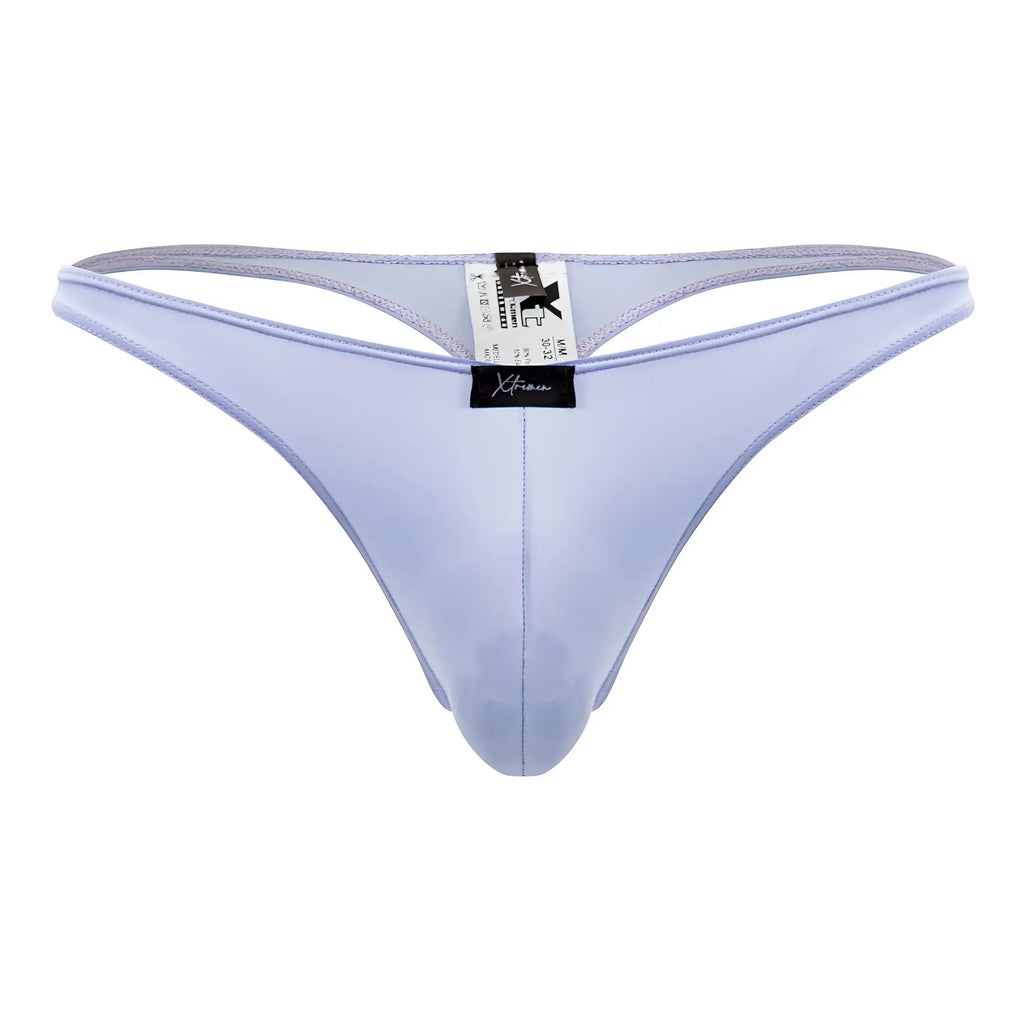 Light purple glossy satin microfiber thong with black brand tag at center xtremen 91182 microfiber thongs color lilac