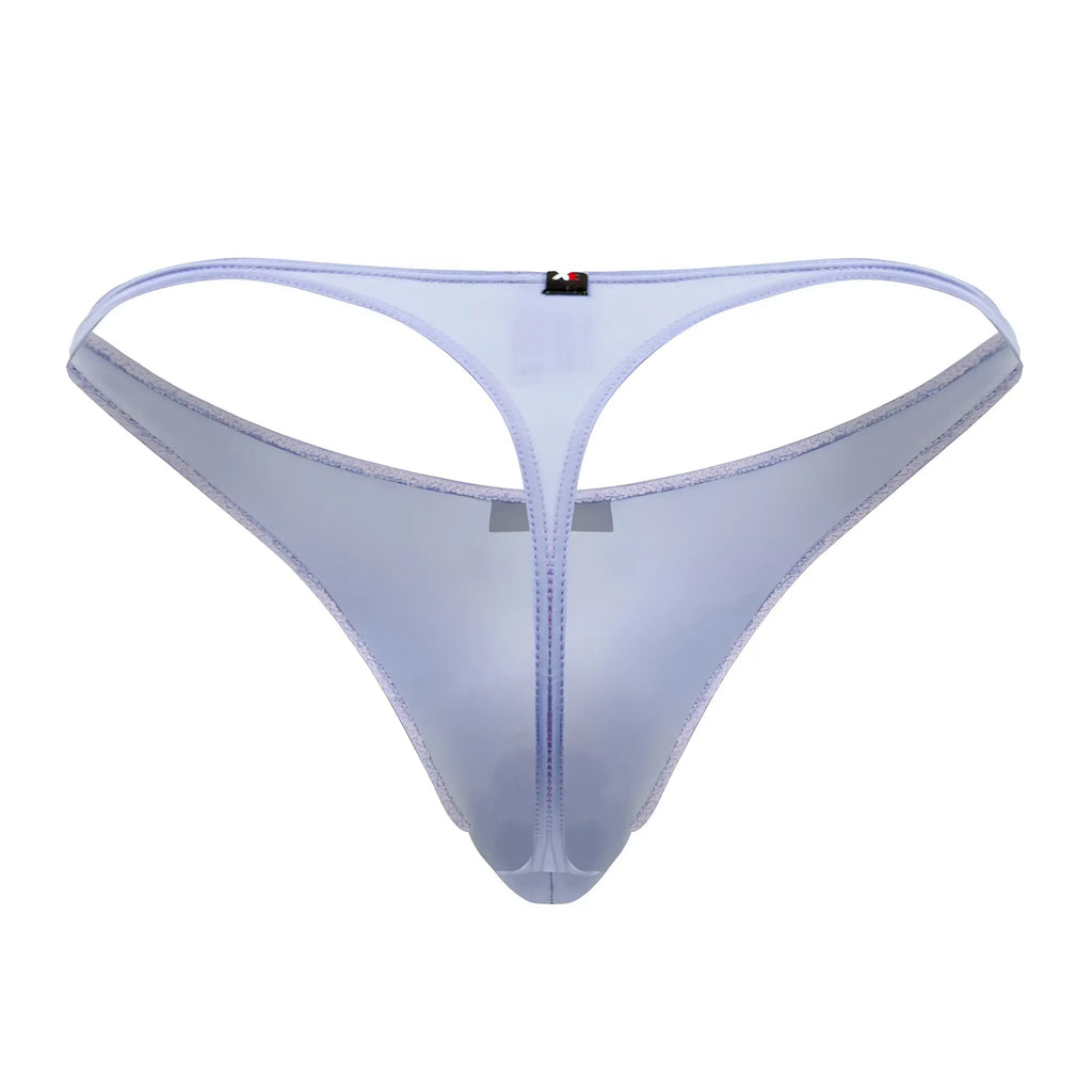 Transparent lavender Xtremen 91182 microfiber thong made of sheer mesh with central zipper and stitched edges