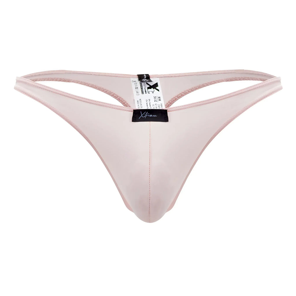 Xtremen 91182 microfiber thong in delicate translucent pink satin with subtle sheen and fine edge stitching