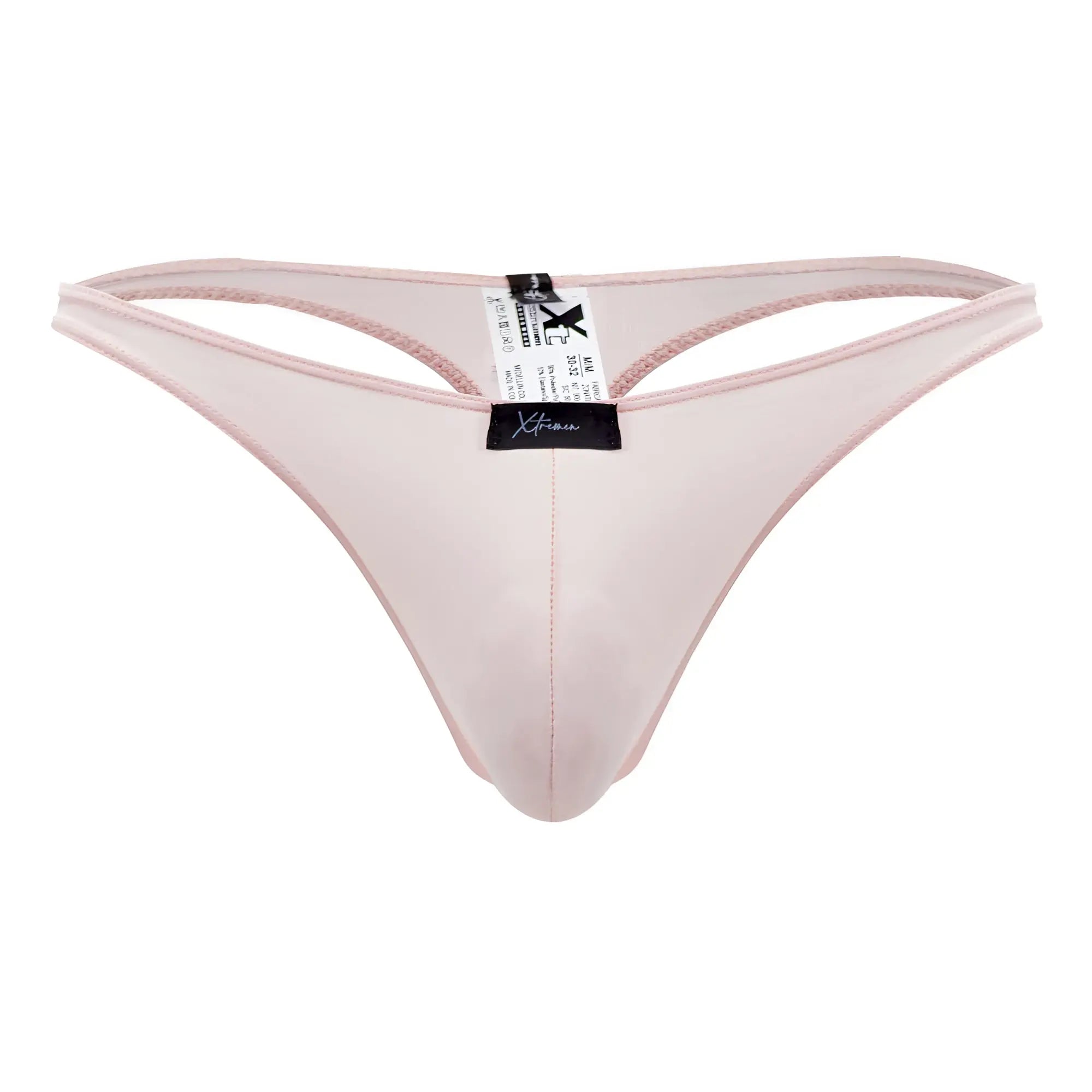 Xtremen 91182 microfiber thong in delicate translucent pink satin with subtle sheen and fine edge stitching
