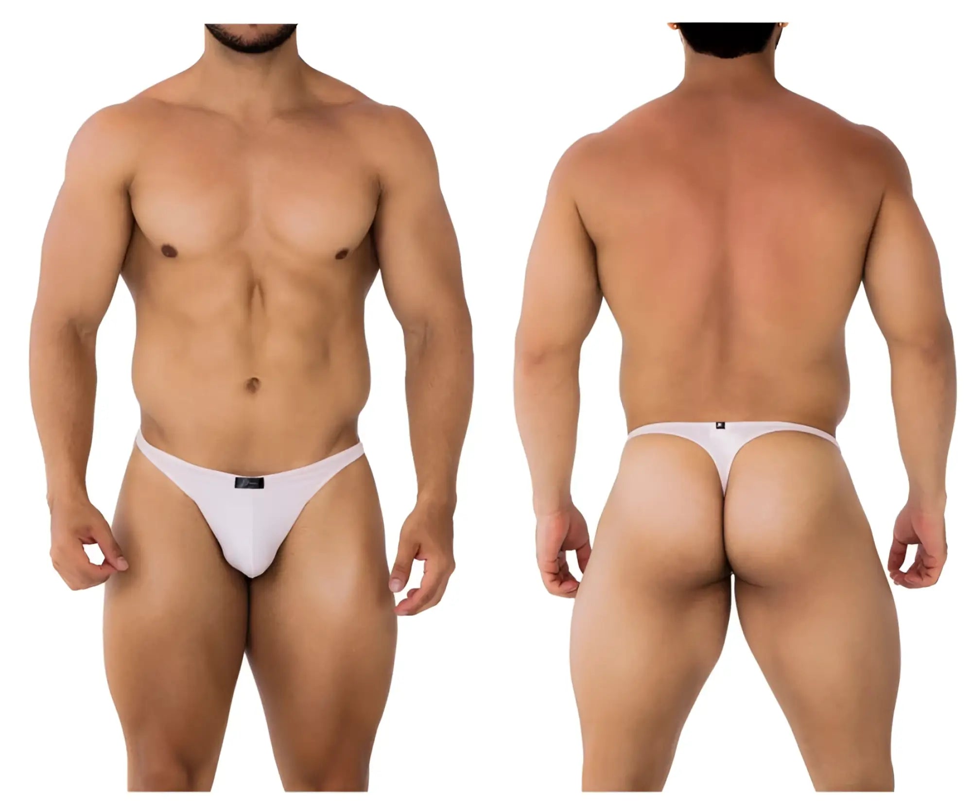 White xtremen 91182 microfiber thong with a small black brand tag at the front in pink color