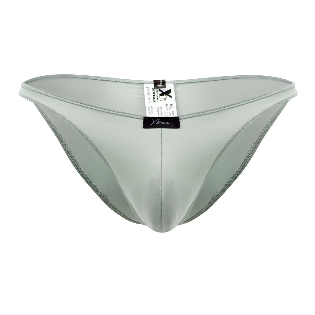 Xtremen 91183 microfiber bikini in green with light gray sleek satin briefs featuring a smooth glossy finish and subtle stitching