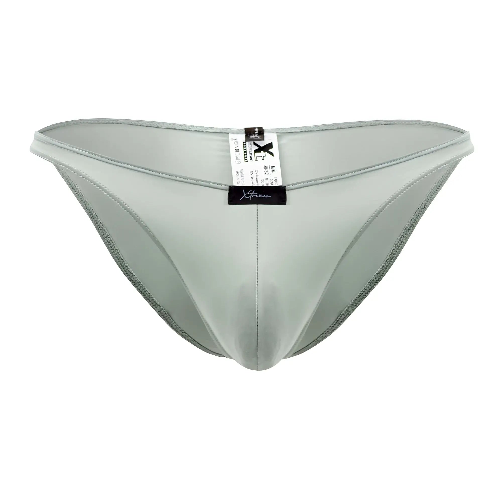 Xtremen 91183 microfiber bikini in green with light gray sleek satin briefs featuring a smooth glossy finish and subtle stitching