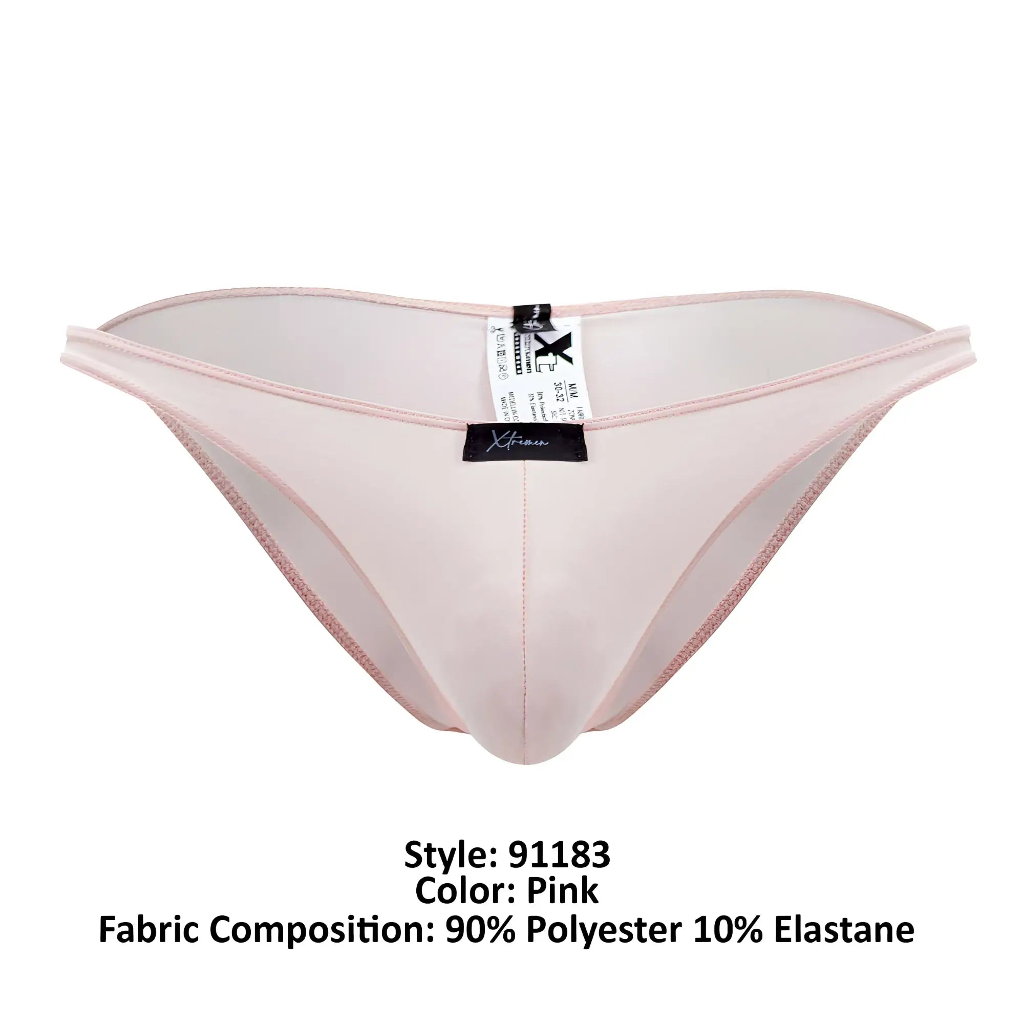 Pink sheer thong xtremen 91183 microfiber bikini in pink with 90% polyester 10% elastane and subtle pink trim