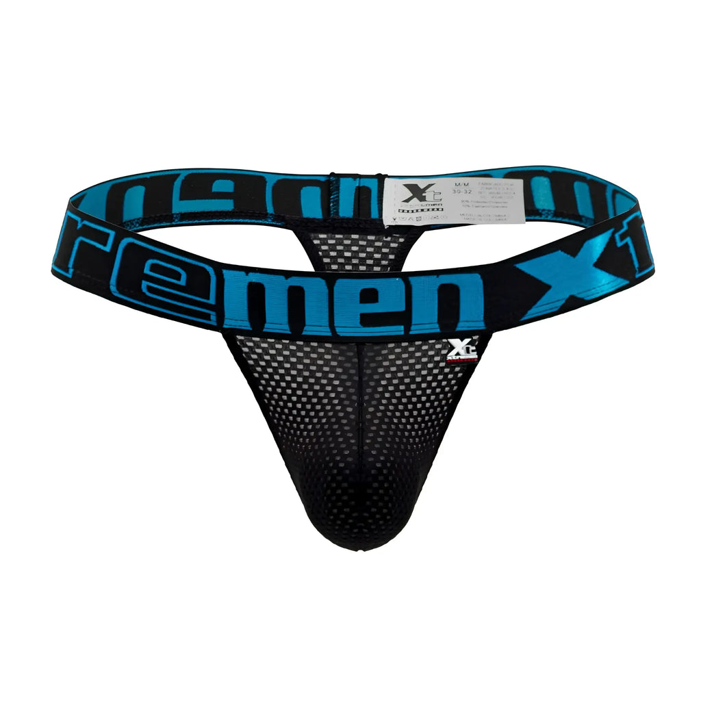 Black and blue mesh thong with bold xtreme branding on the waistband by Xtremen 91184 visible from the front