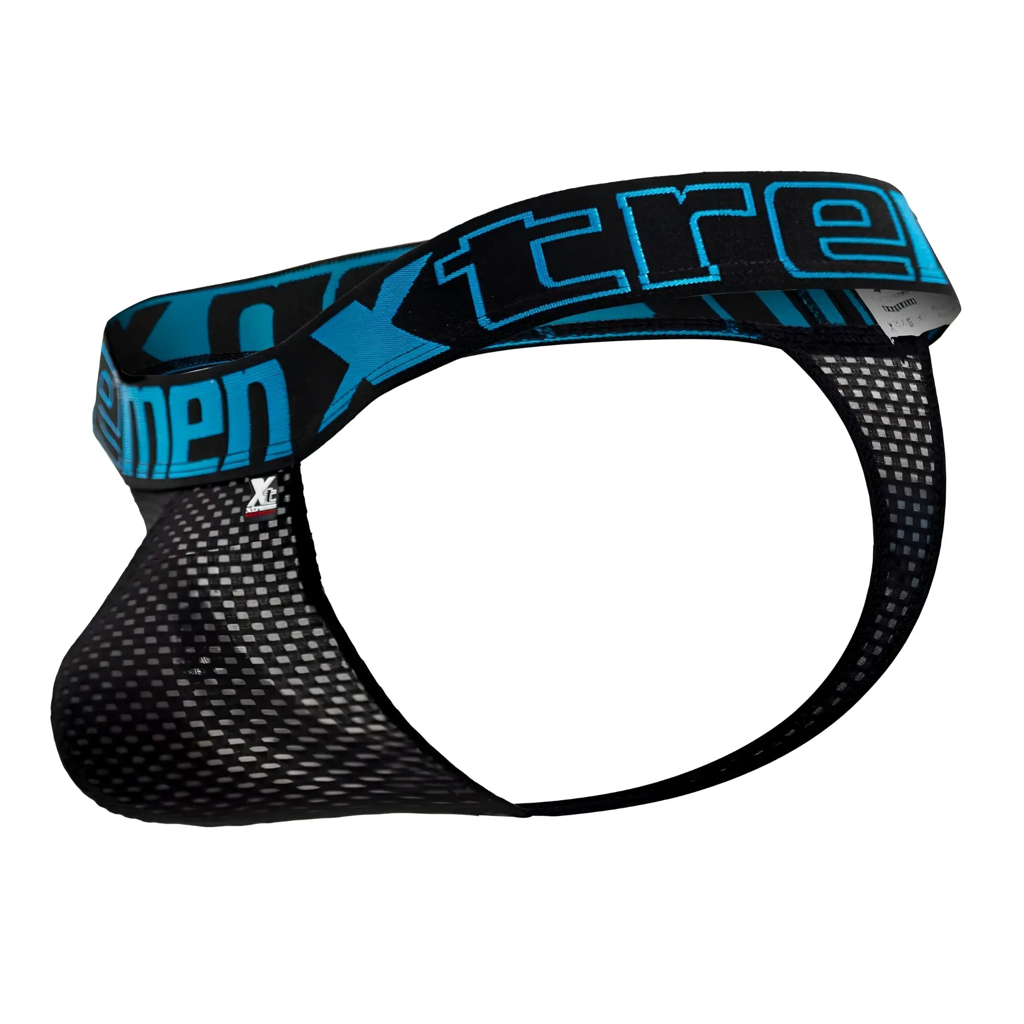 Black mesh Xtremen 91184 thong with bold blue xtreme logo band and breathable fabric design