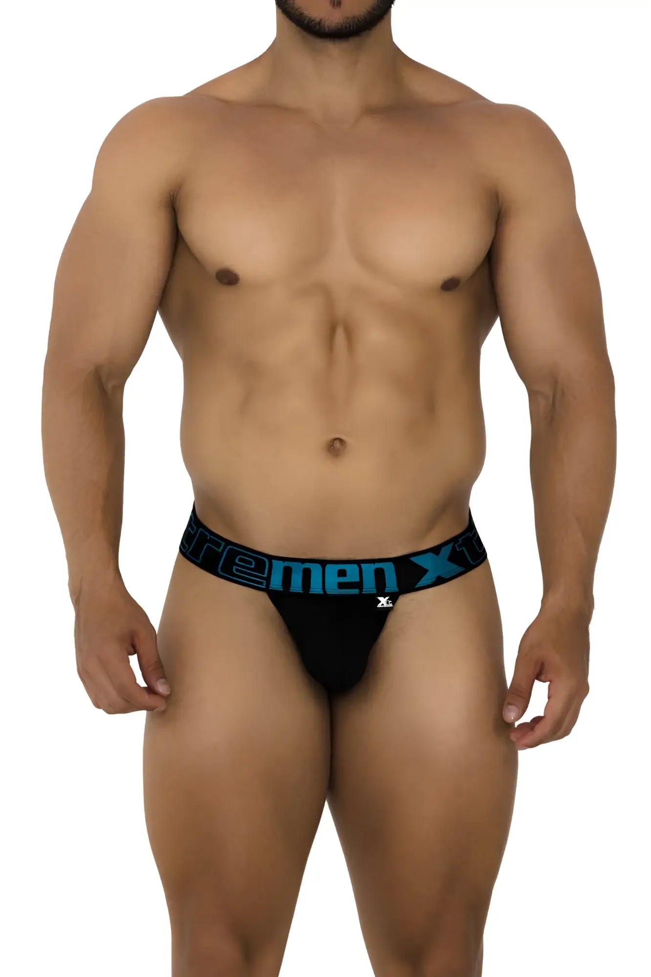 Black xtremen 91184 mesh thongs featuring a blue xtrememen logo band displayed from the front