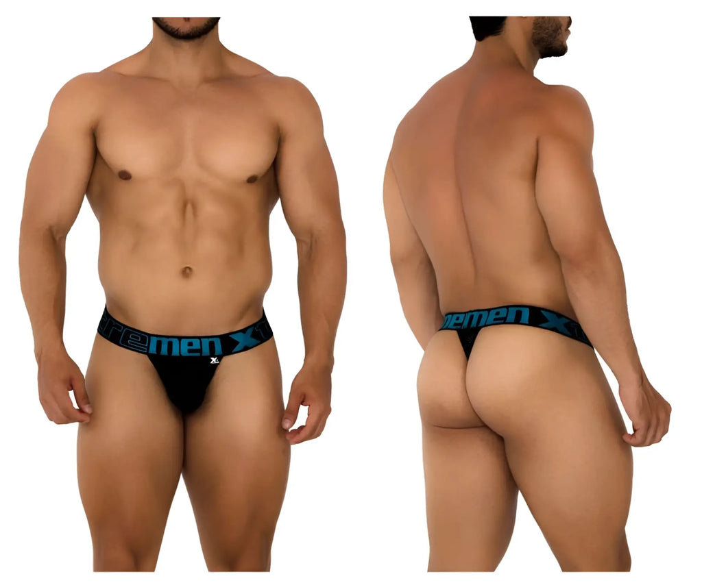 Black xtremen 91184 mesh thongs with blue xtrememen x logo band designed for men