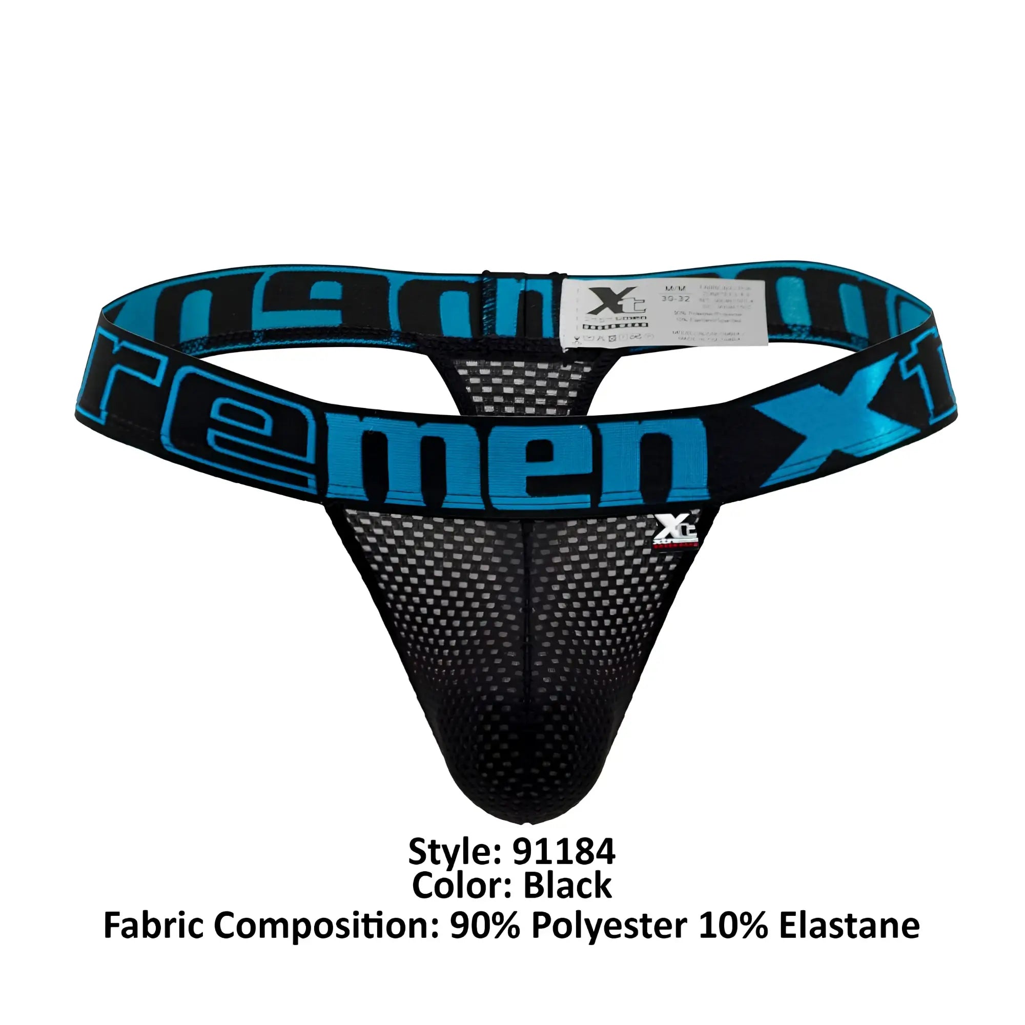 Black mesh thong with bold blue and black xtreme branded waistband from xtremen 91184 mesh thongs collection