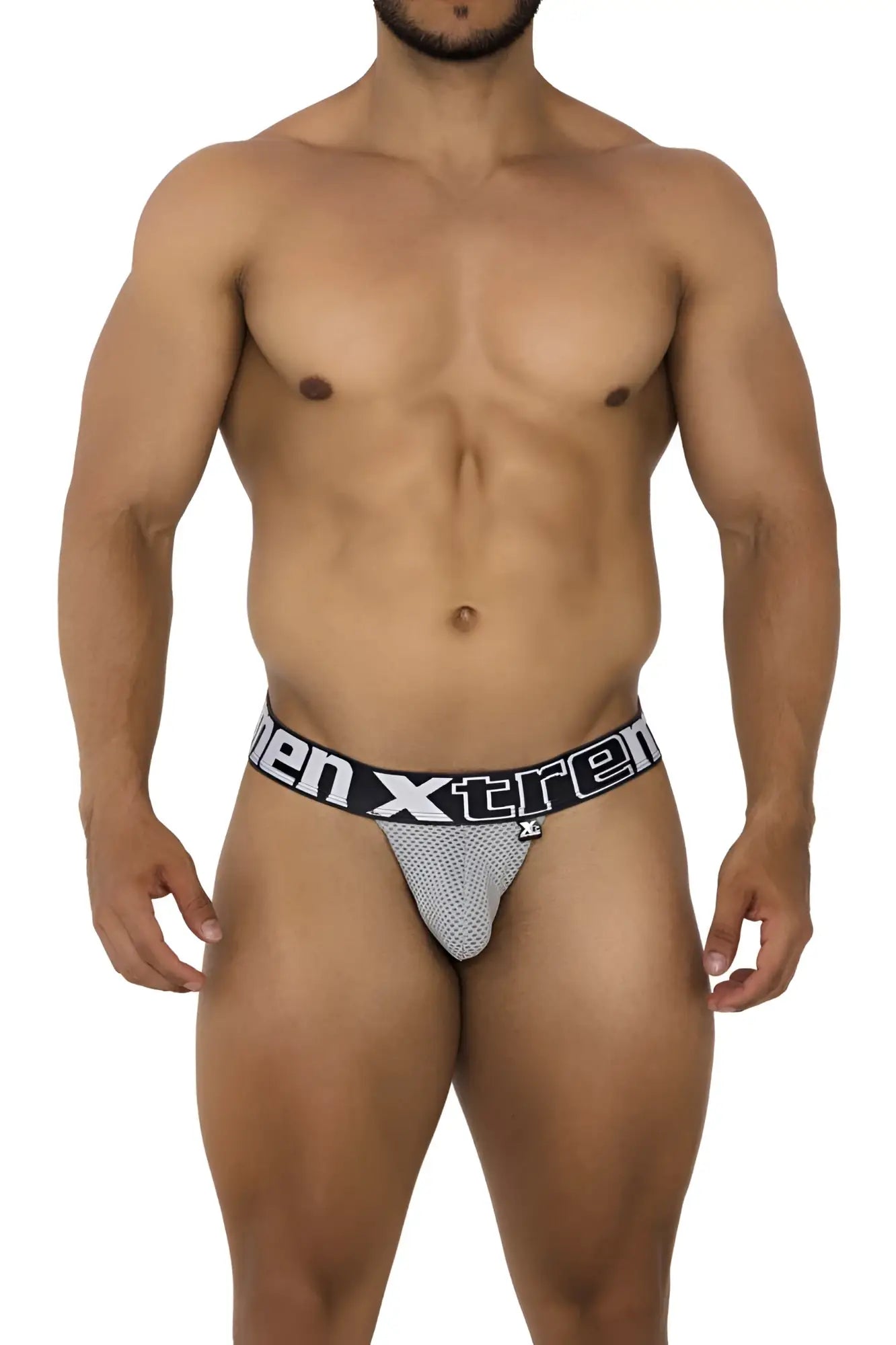 Gray mesh men xtreme briefs with black elastic waistband and white men xtreme logo in xtremen 91184 mesh thongs color gray