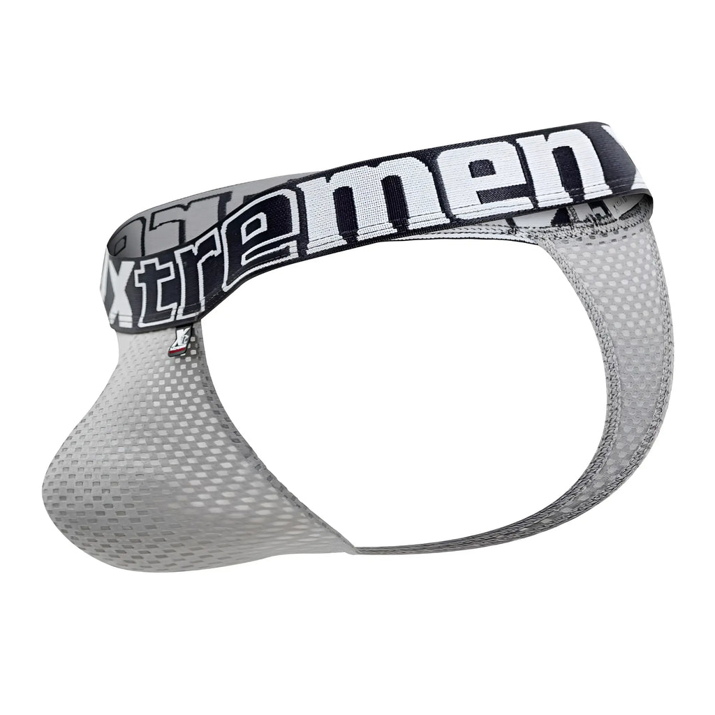 Gray mesh men’s briefs with a black and white xtremen waistband from xtremen 91184 mesh thongs collection