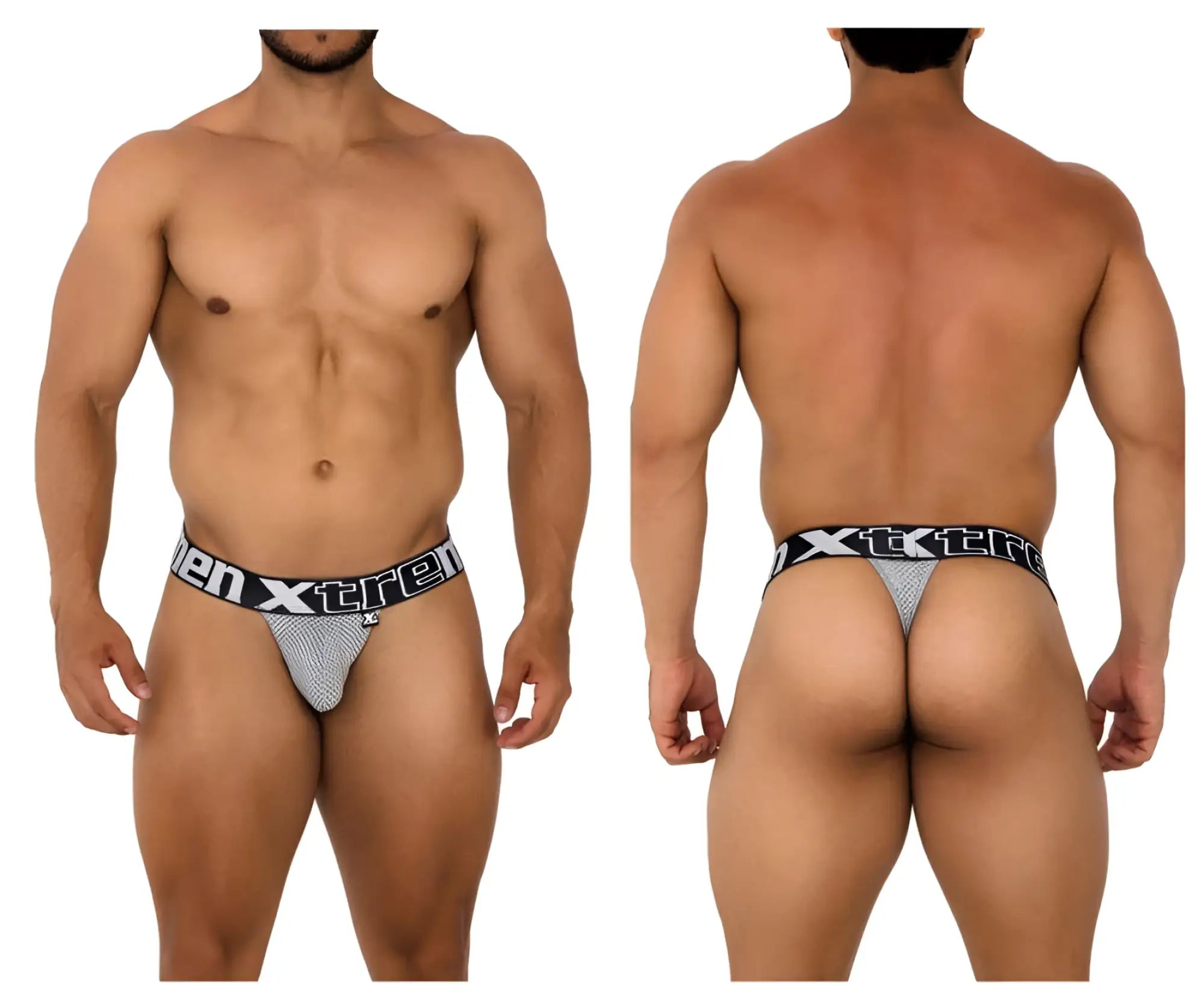 Gray mesh men’s thong with black elastic waistband featuring Xtreme branding from Xtremen 91184 collection