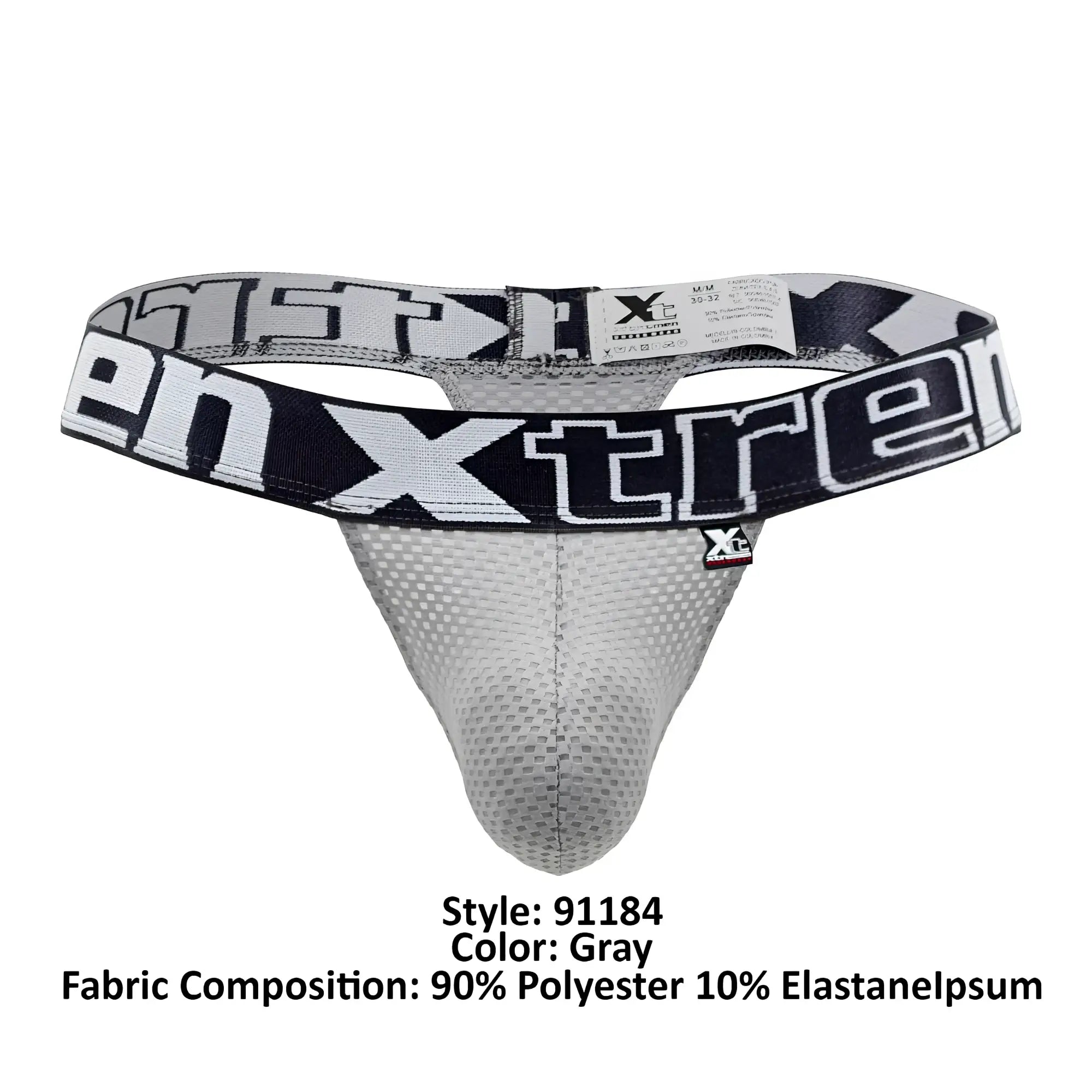 Gray xtremen 91184 mesh men’s thong with black and white branded waistband showing front side