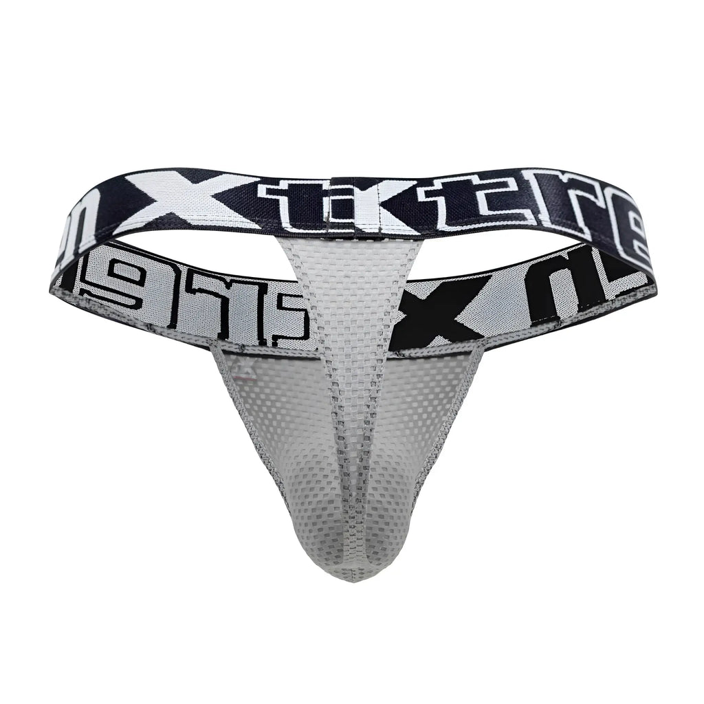 Gray mesh thong with black and white xtreme branding on the waistband from xtremen 91184 collection