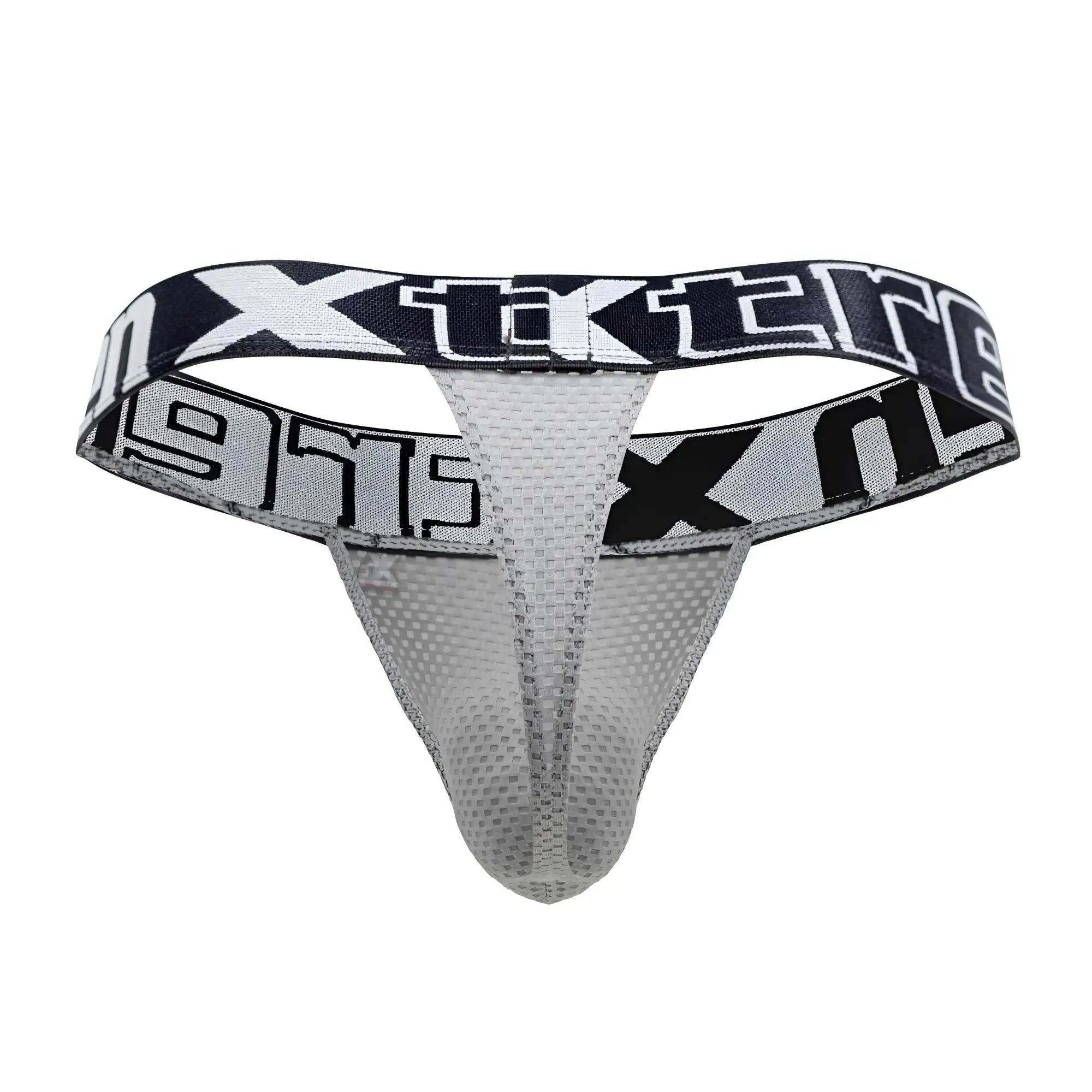 Gray mesh thong with black and white xtreme branding on the waistband from xtremen 91184 collection