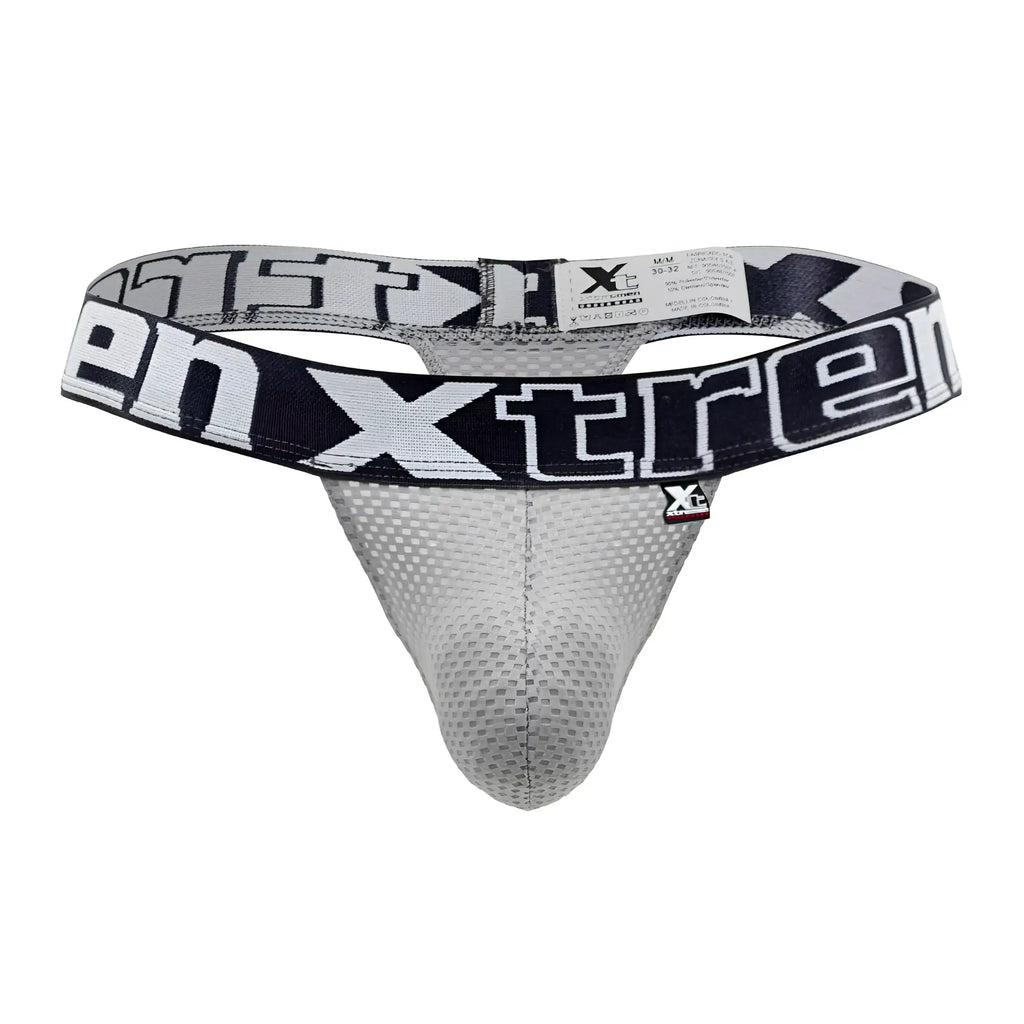 Gray mesh thong with black and white xtreme branding on the waistband from xtremen 91184 collection