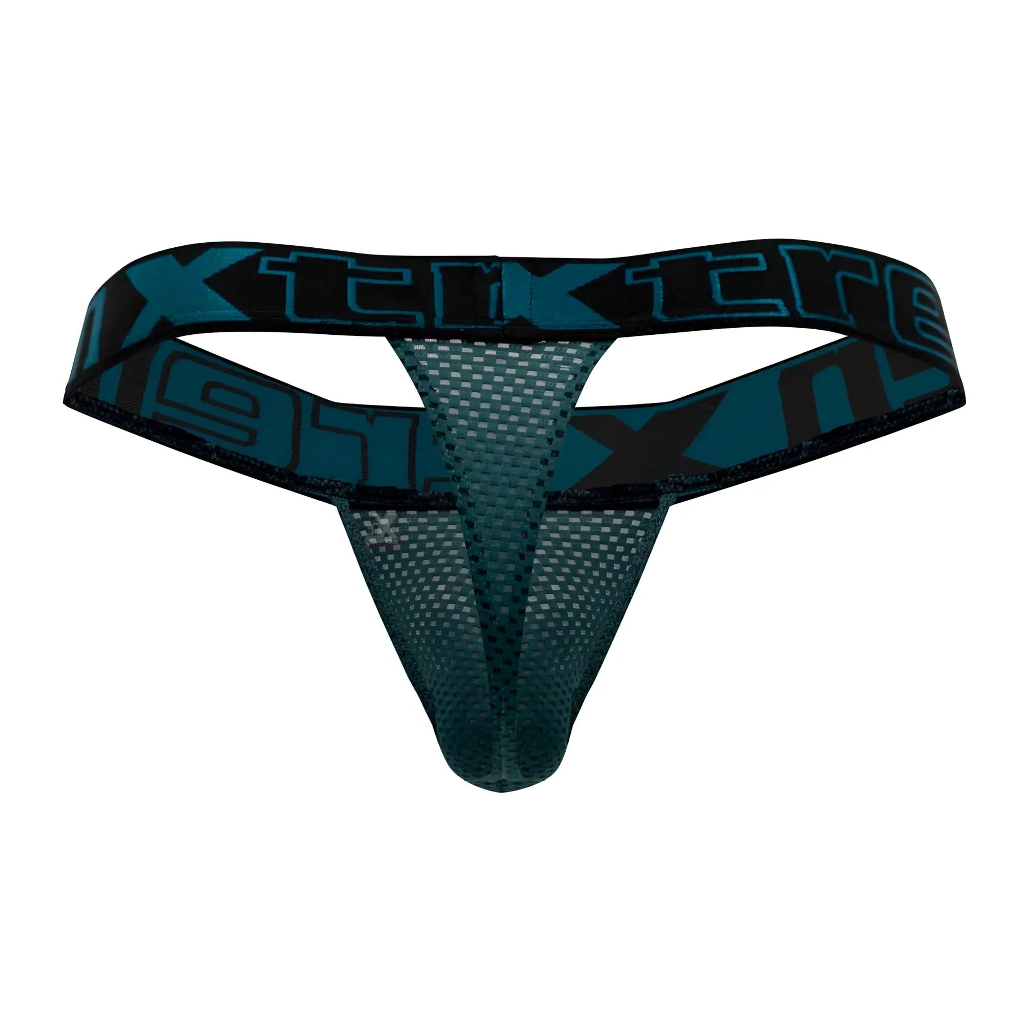 Dark teal mesh xtremen 91184 thong with black elastic waistband and blue repeating xtreme logo in green color