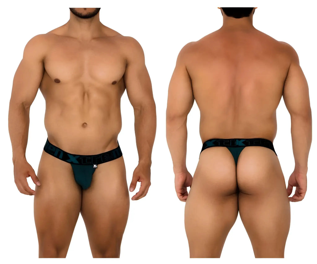 Dark teal xtremen 91184 mesh thong with black elastic waistband and subtle logo pattern in green color