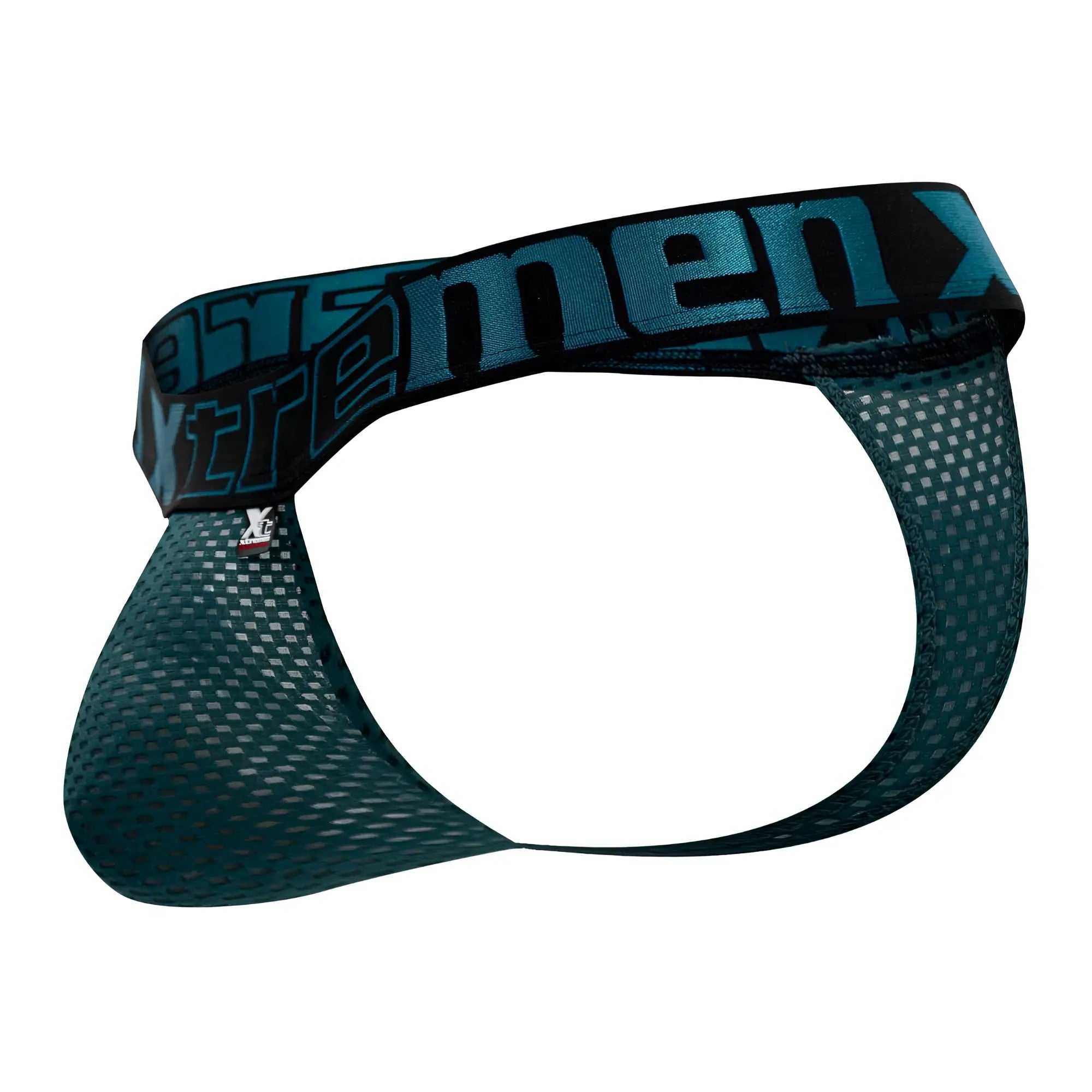 Teal mesh briefs with a black waistband featuring xtreme men logo in teal from xtremen 91184 mesh thongs color green