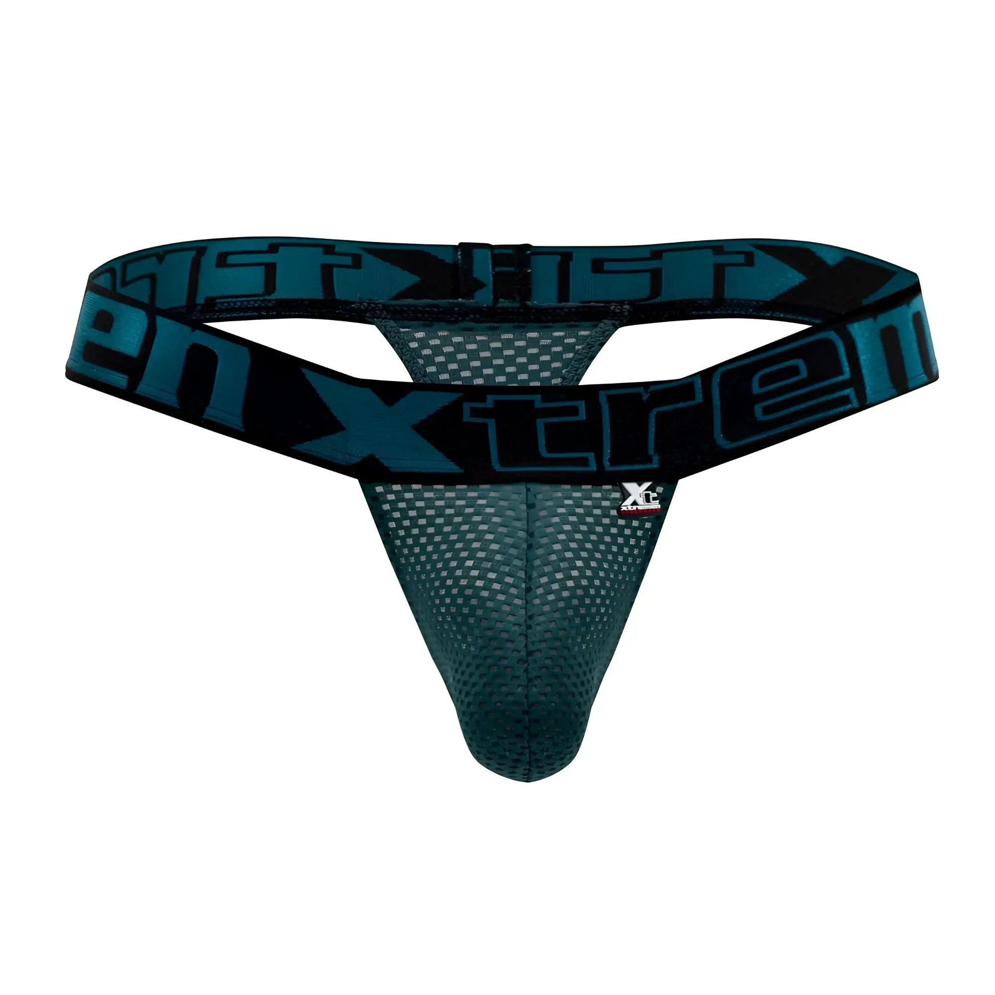 Teal and black xtremen 91184 mesh thong with breathable mesh texture in green shown from the back side