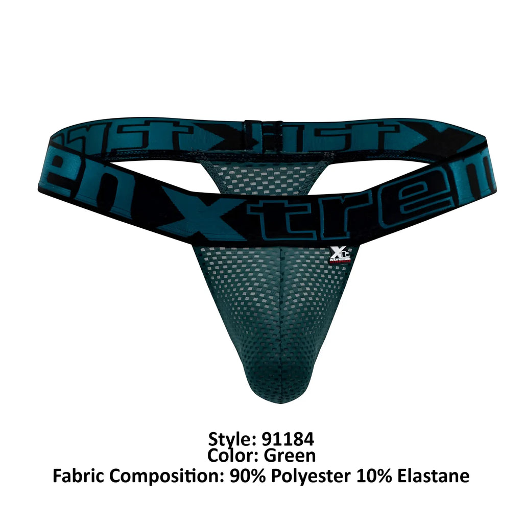 Green mesh thong with black elastic waistband and teal xtreme logo from xtremen 91184 mesh thongs color green collection