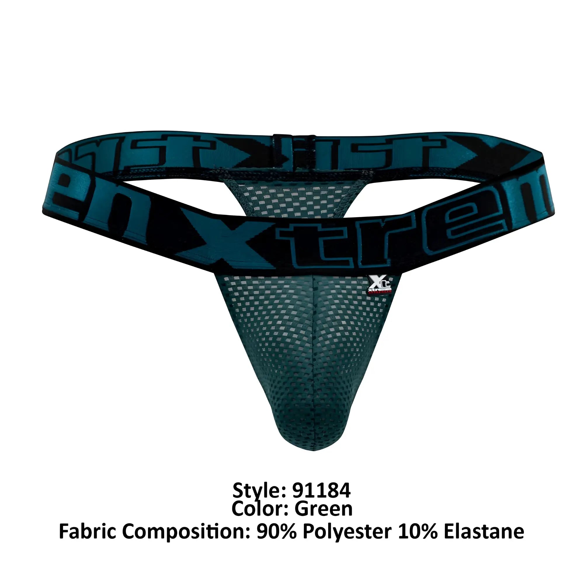 Green mesh thong with black elastic waistband and teal xtreme logo from xtremen 91184 mesh thongs color green collection