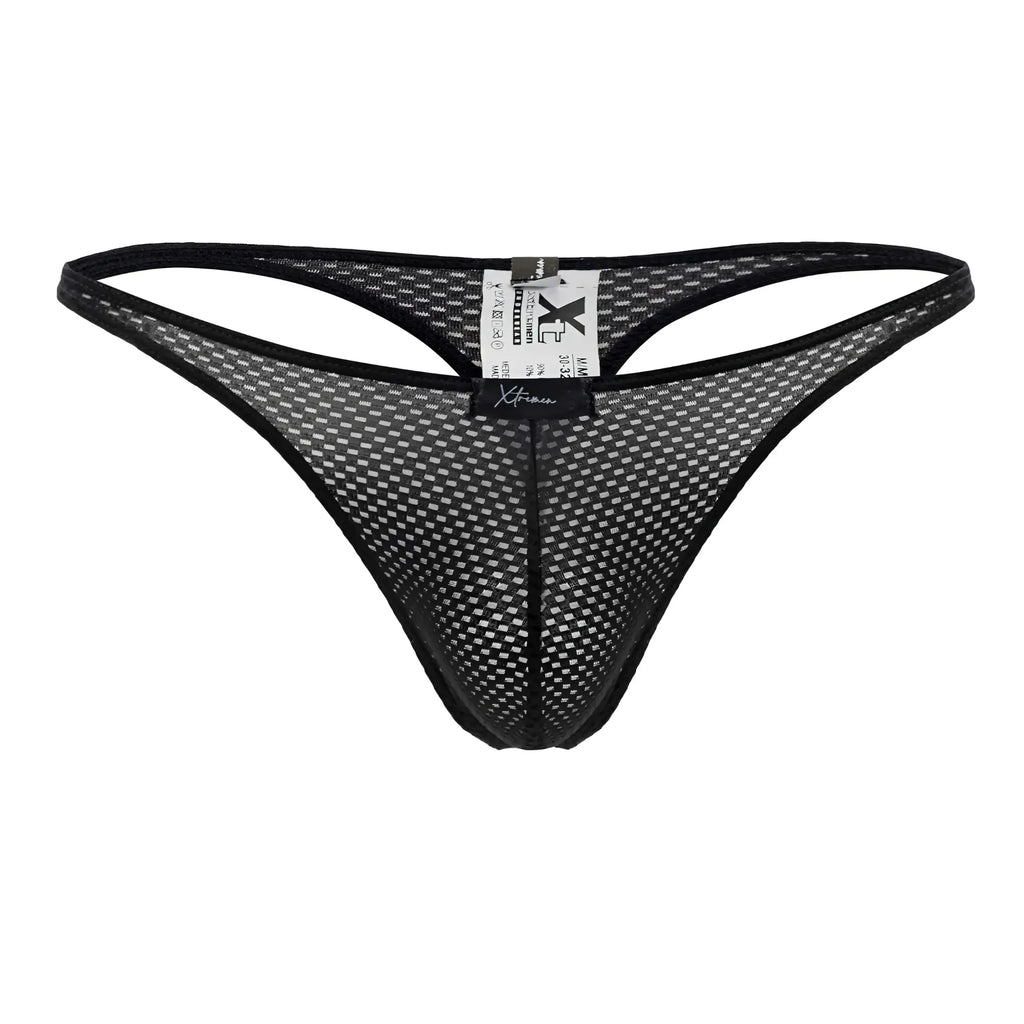 Xtremen 91185 mesh thong in black with solid trim and adjustable waistband shown from the back side