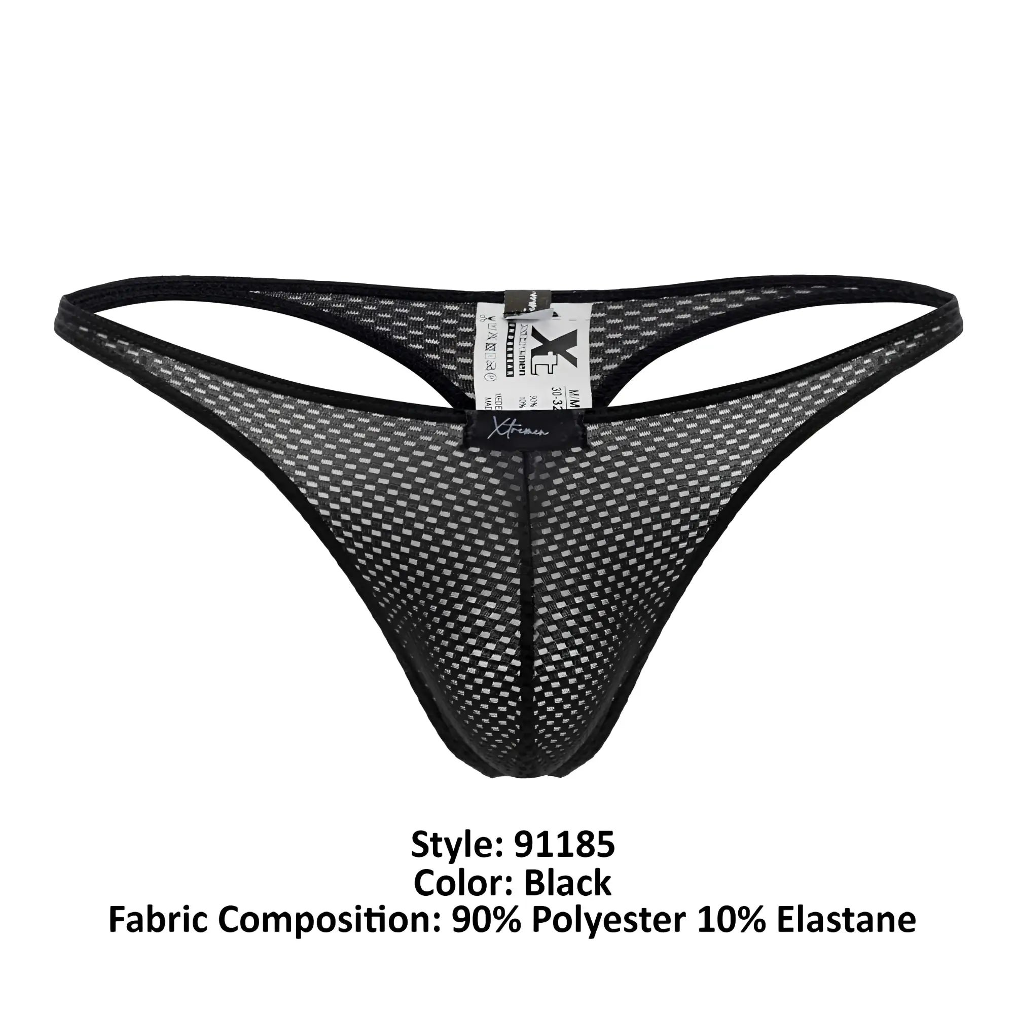 Xtremen 91185 black mesh thong with subtle grid pattern and reinforced black trim showing the back side