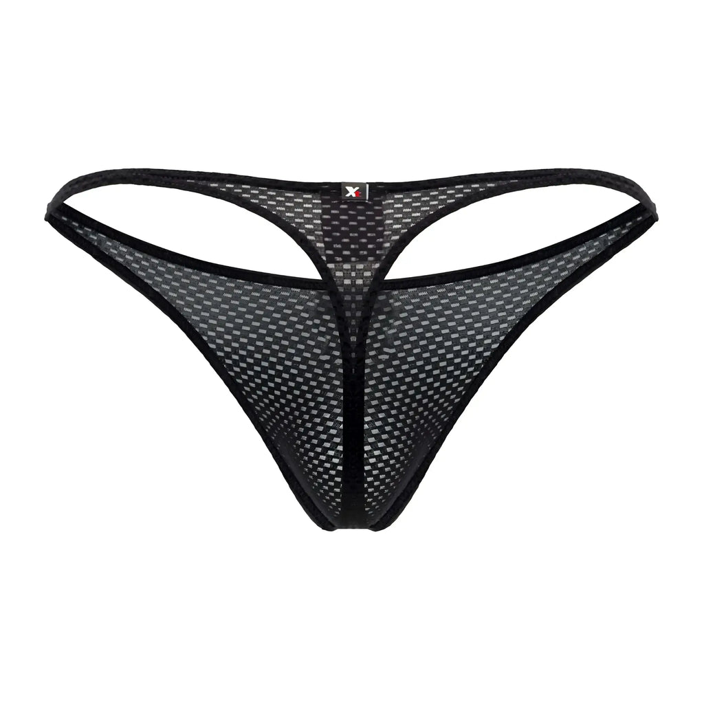 Black xtremen 91185 mesh thong with subtle grid pattern and reinforced edges, front view