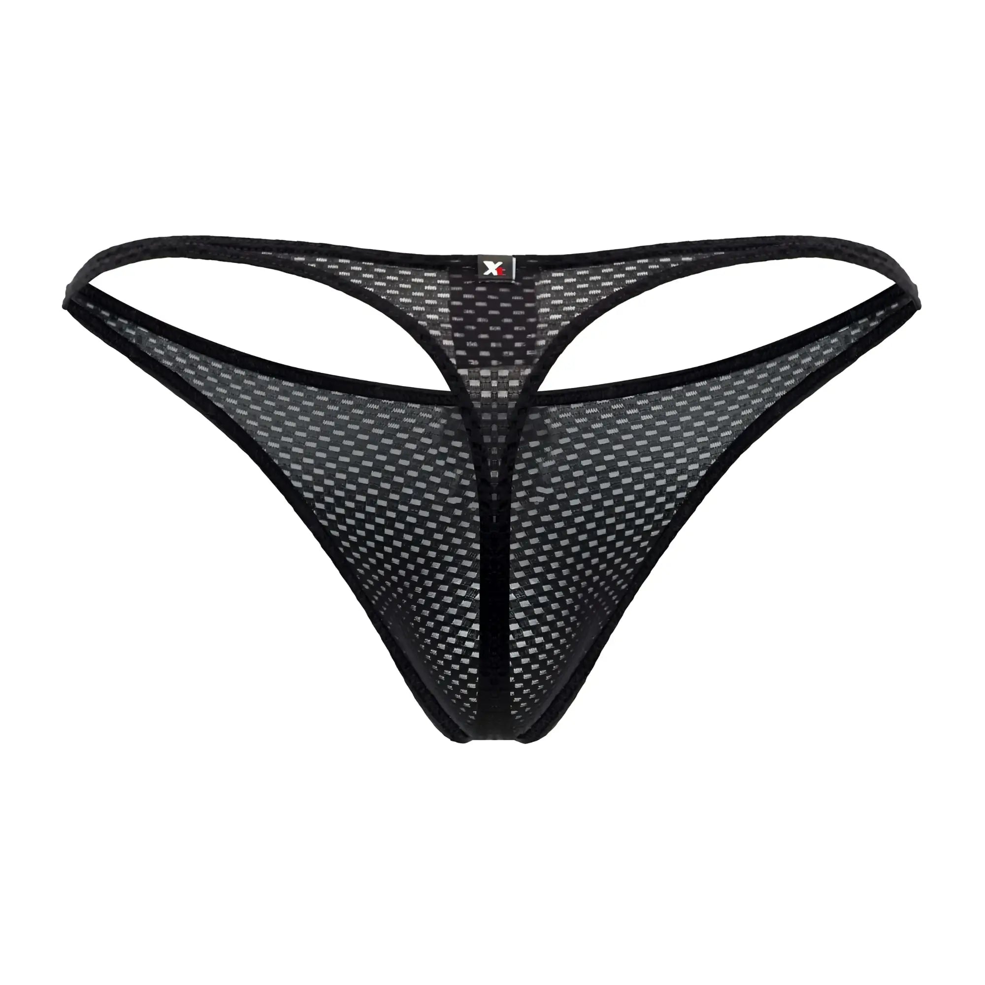 Black xtremen 91185 mesh thong with subtle grid pattern and reinforced edges, front view