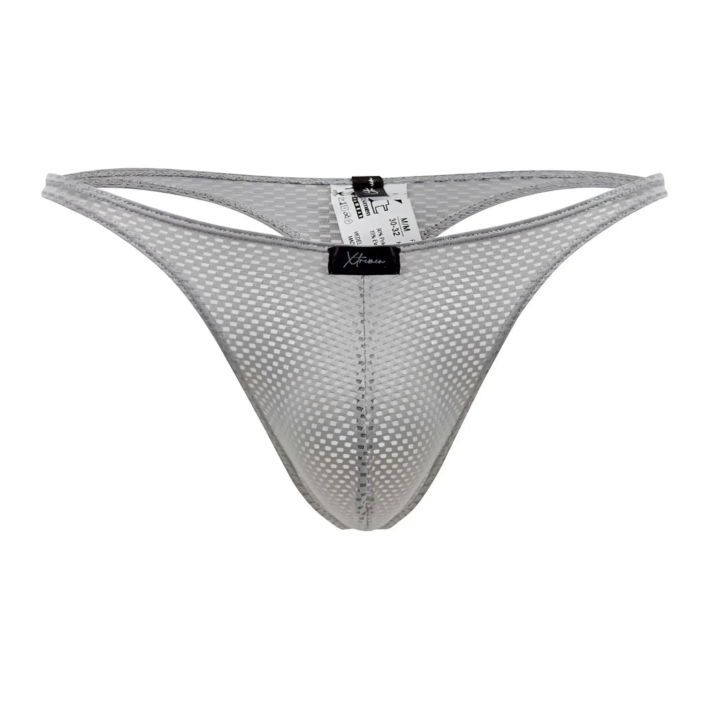 Xtremen 91185 gray mesh thong with subtle grid pattern and reinforced edges shown from the back side
