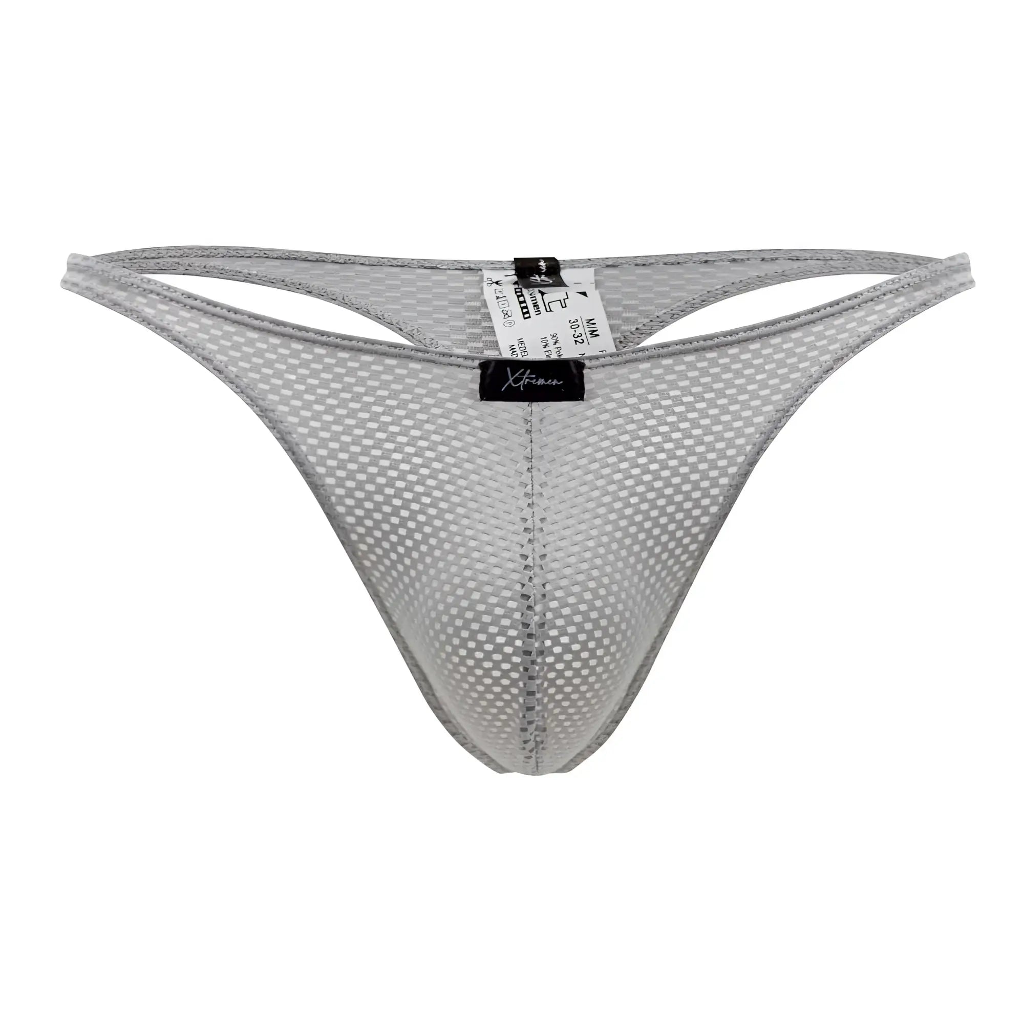 Xtremen 91185 gray mesh thong with subtle grid pattern and reinforced edges shown from the back side