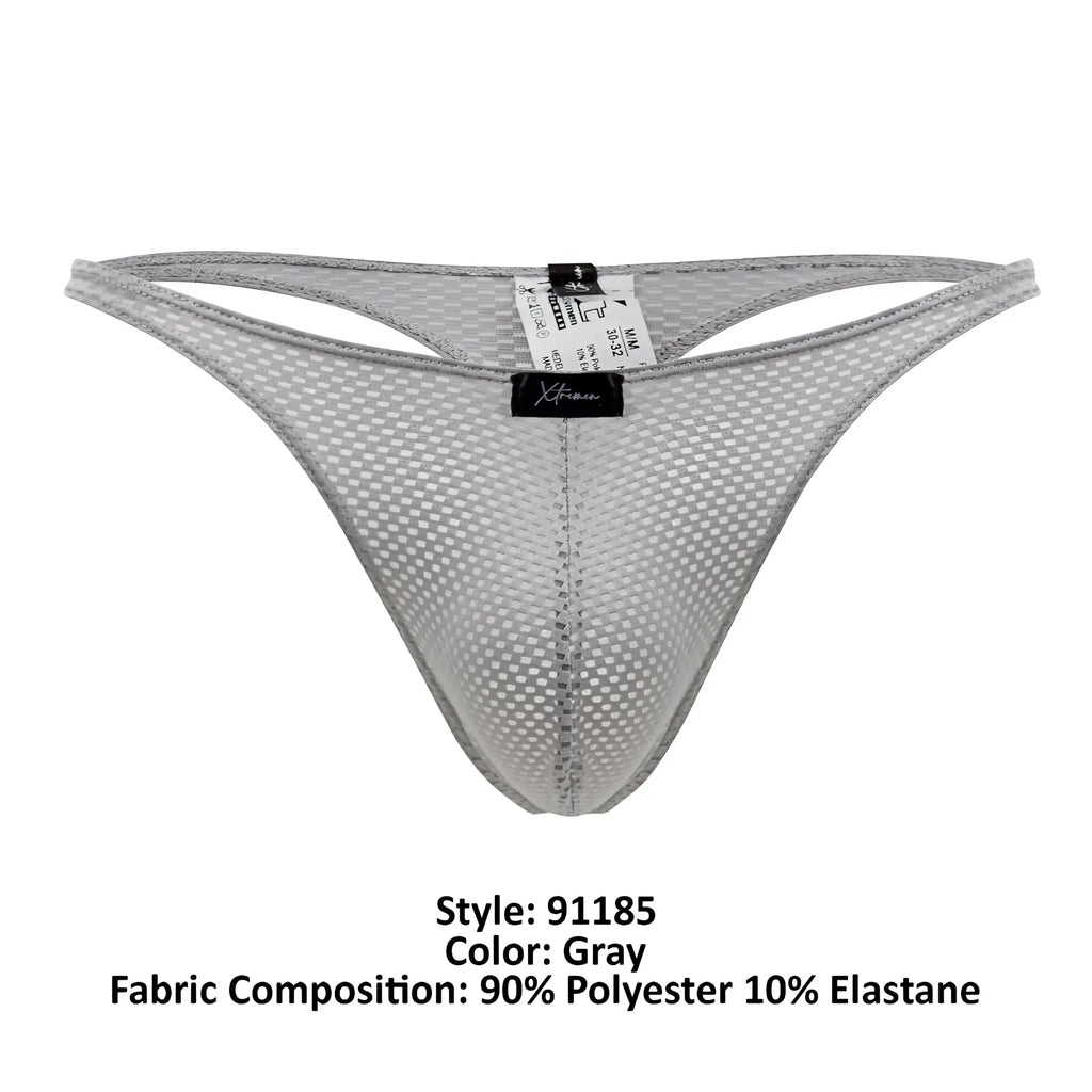 Xtremen 91185 mesh thong in gray features a subtle grid pattern with elasticized edges for comfortable wear