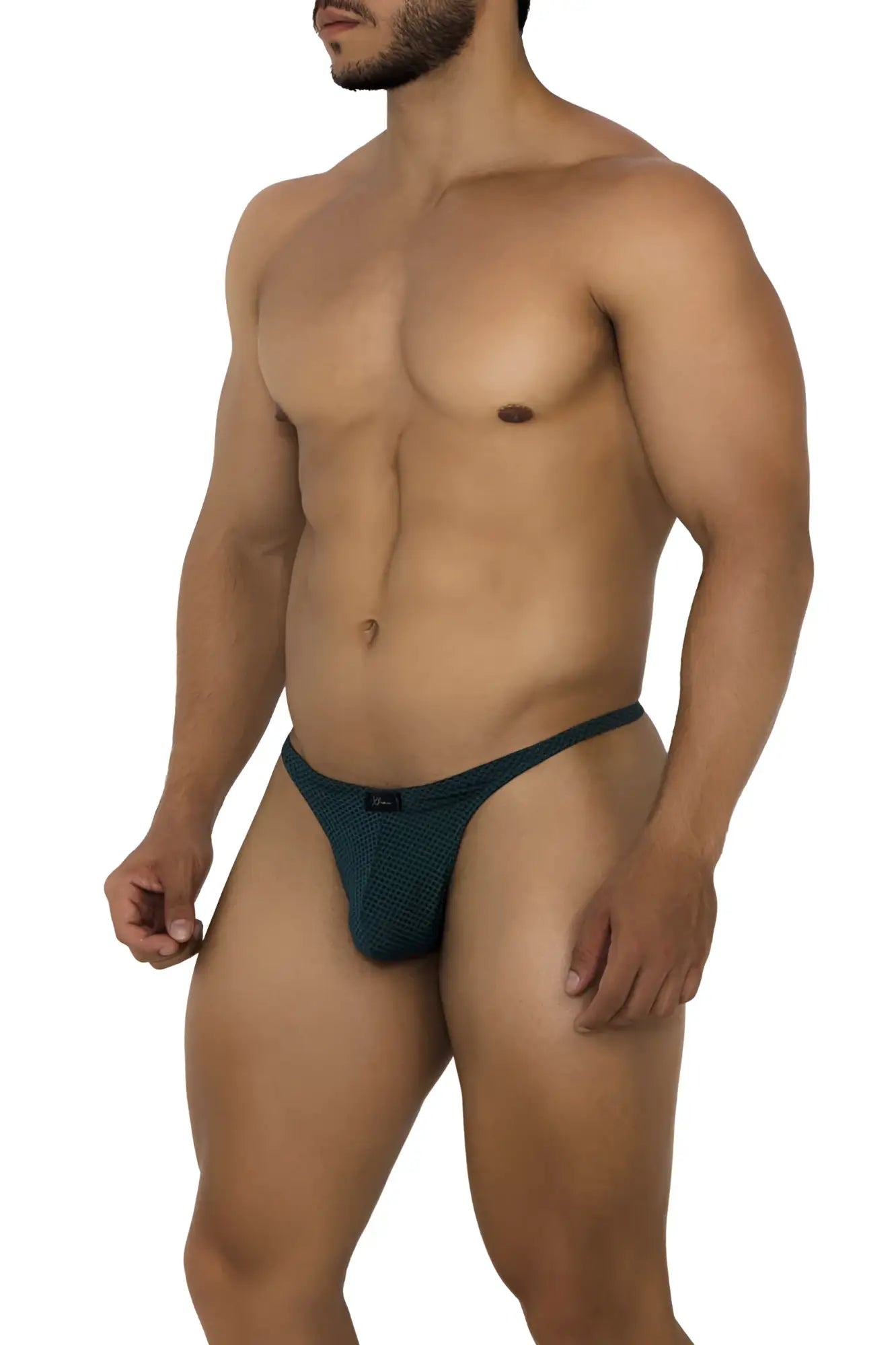 Dark teal textured mesh thong with small black logo at waistband from xtremen 91185 collection in green