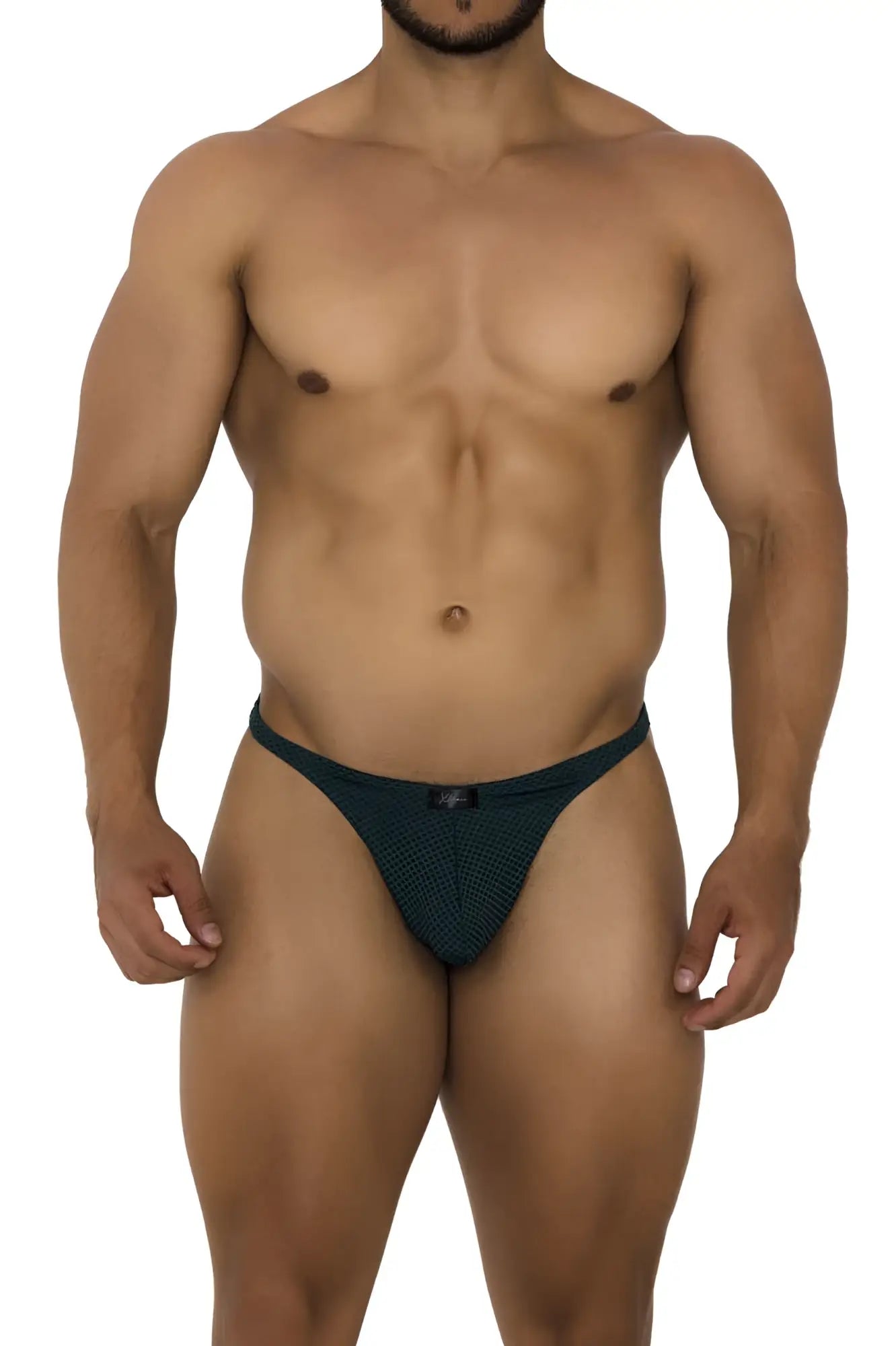 Dark green Xtremen 91185 mesh thong with a small black button at the front made of breathable mesh material