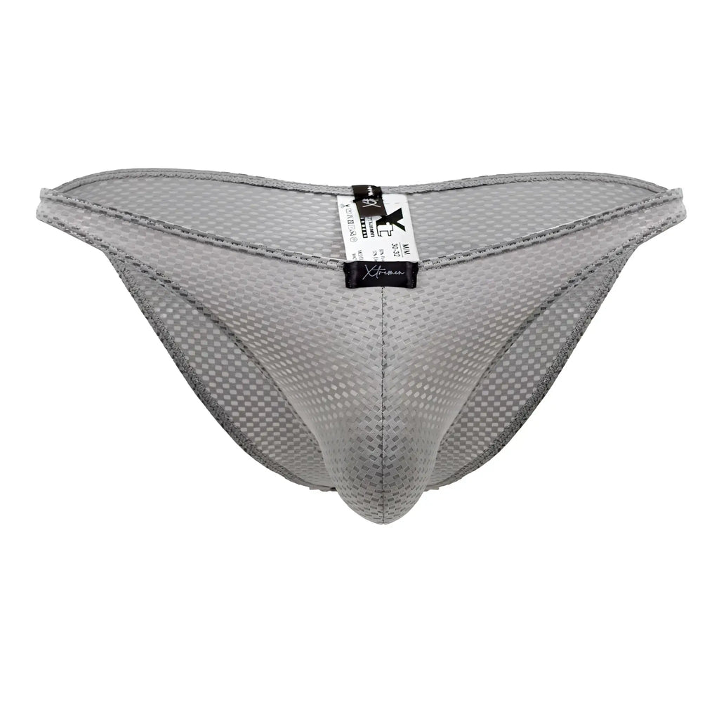 Gray xtremen 91186 mesh bikini briefs with subtle checkered pattern and reinforced stitching along the edges