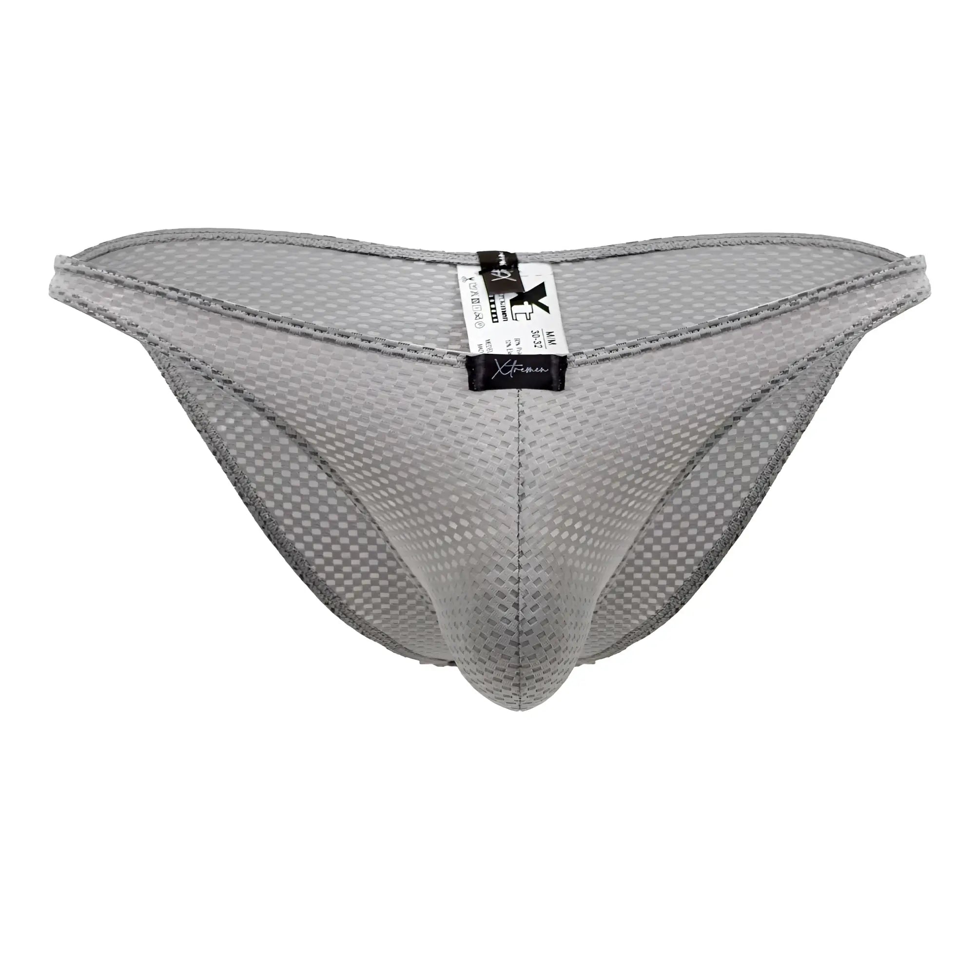 Gray xtremen 91186 mesh bikini briefs with subtle checkered pattern and reinforced stitching along the edges