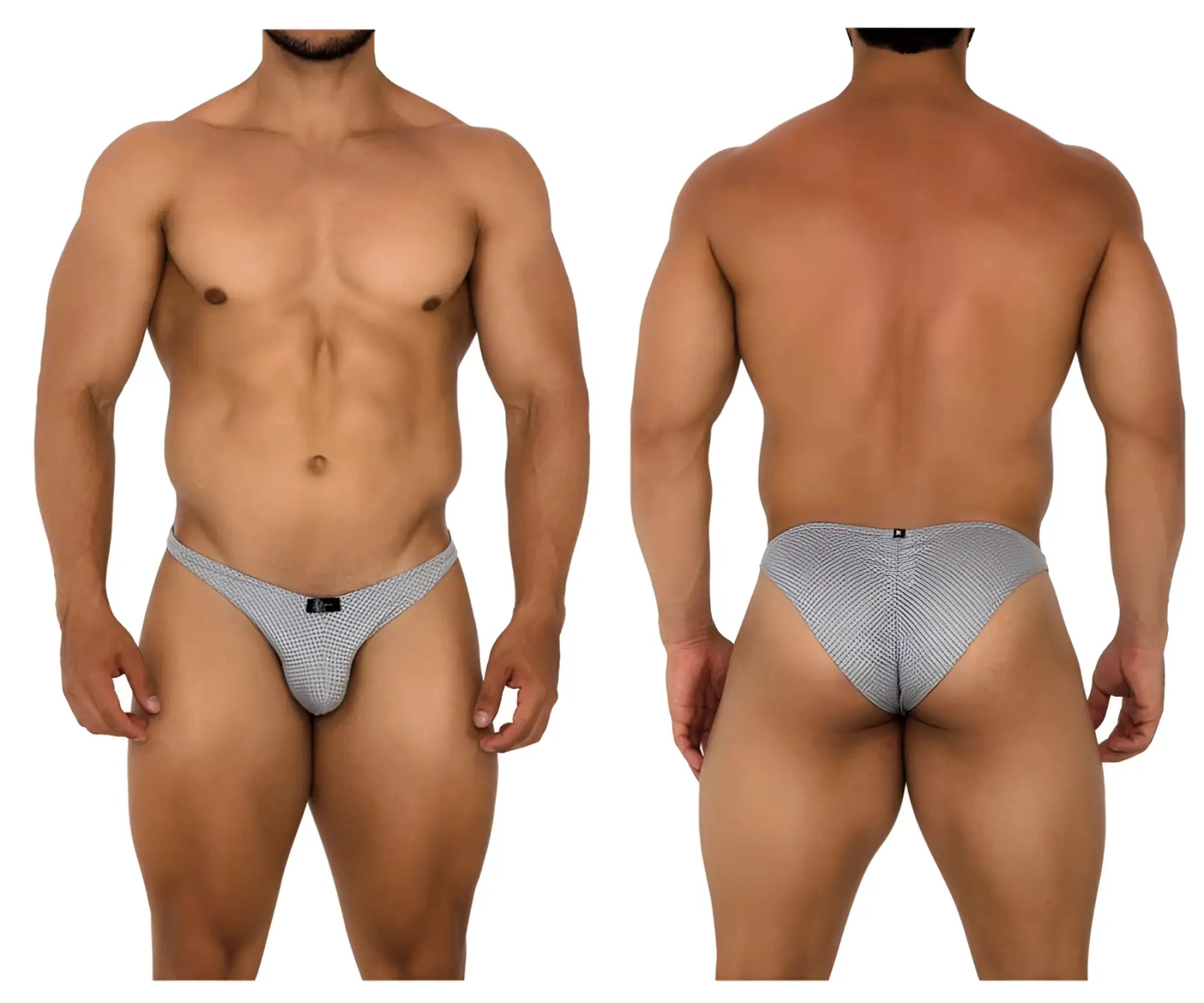 Gray xtremen 91186 mesh bikini briefs with textured fabric subtle pattern and small black logo on front