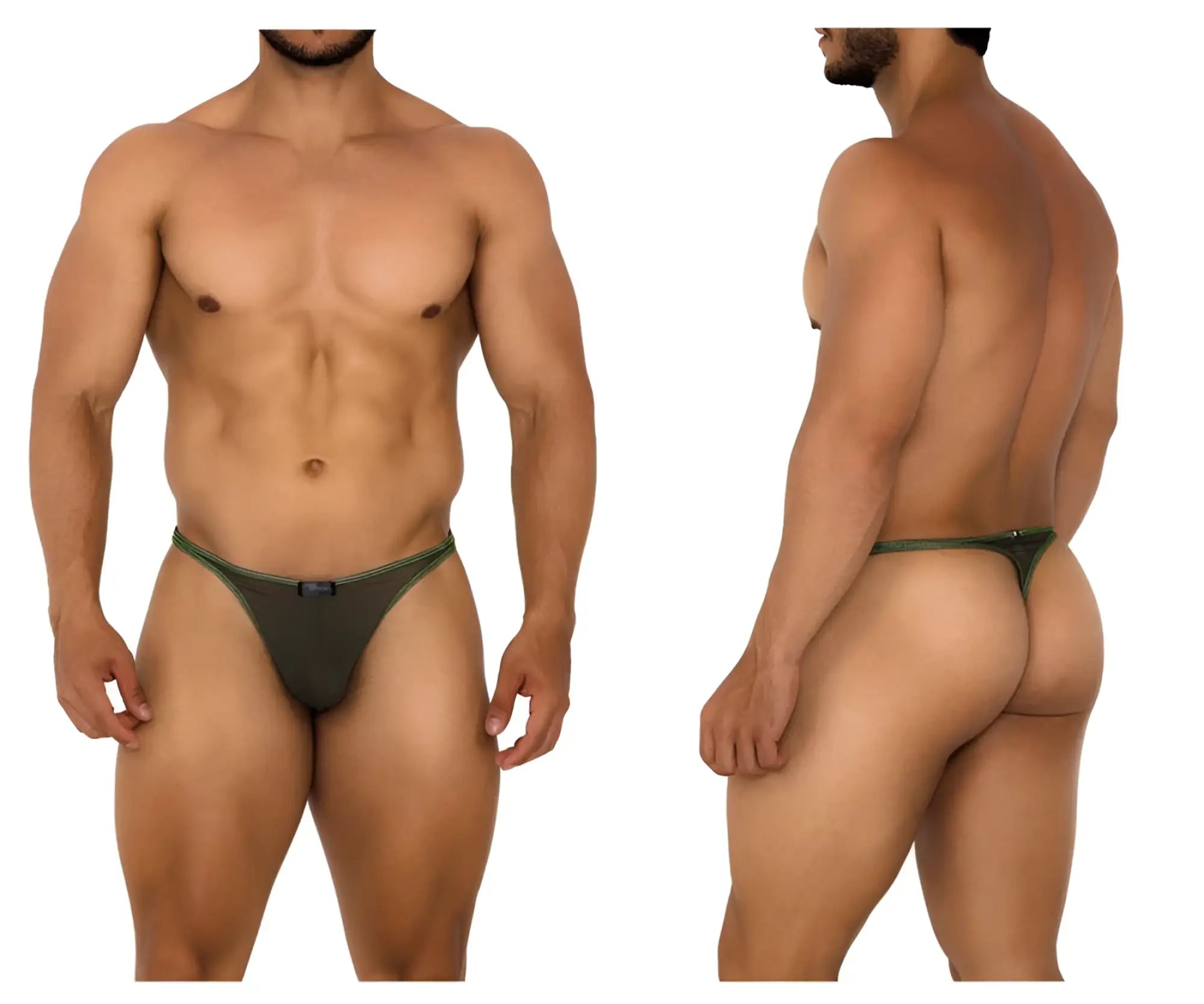 Dark green xtremen 91189 tulle mesh thong with subtle contrasting trim in a form fitting design shown from the back side